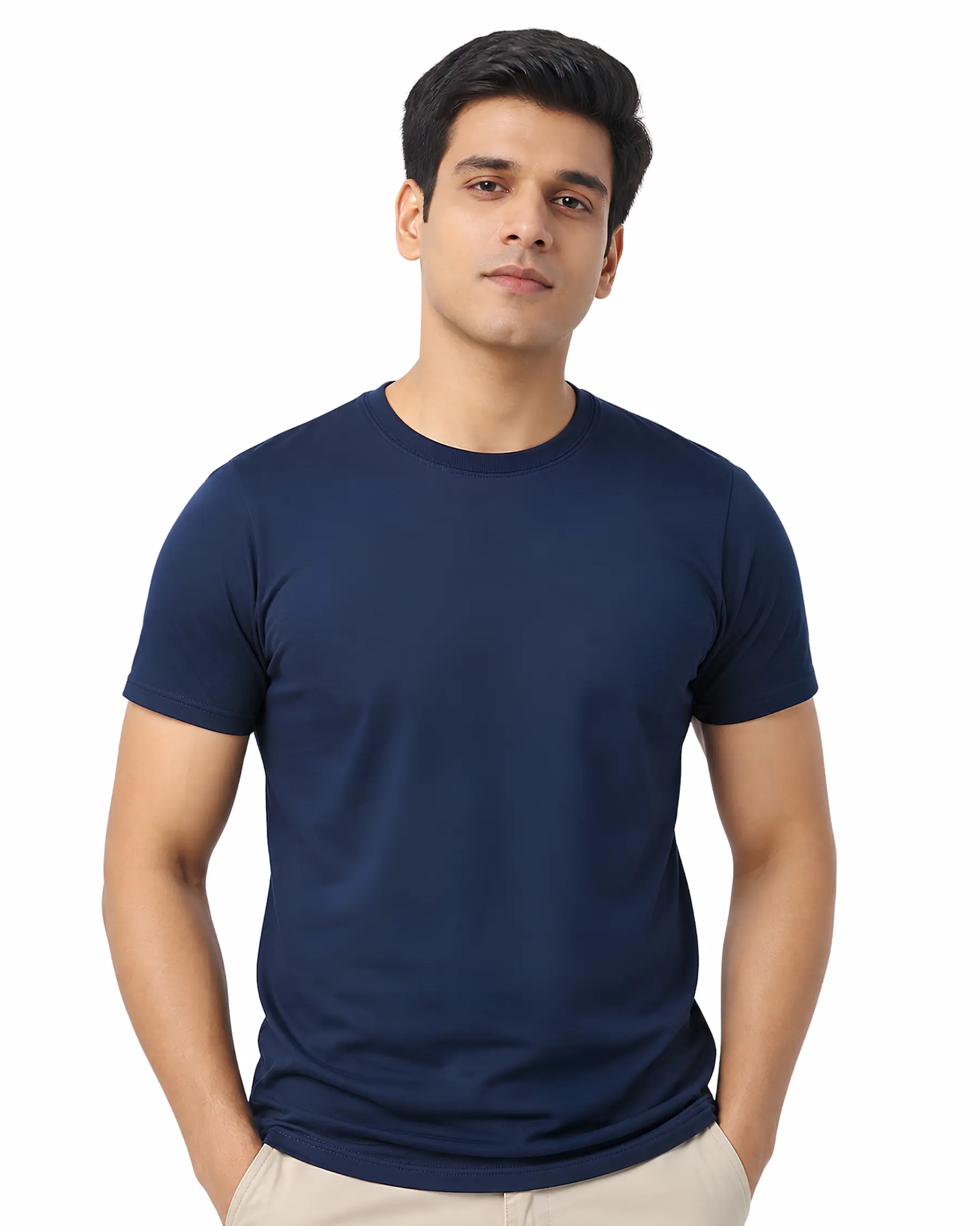 deep navy plain cotton round neck t shirt for men