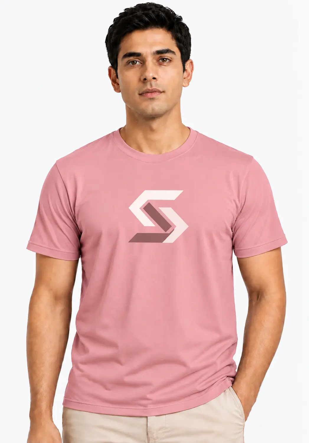 Dusty pink custom T-shirt with a contrasting geometric brand logo on the chest, ideal for customized apparel and promotional merchandise.