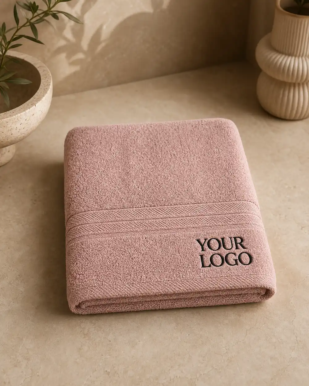 Dusty pink embroidered promotional towel with custom logo, suitable for personalized gifts and corporate branding.