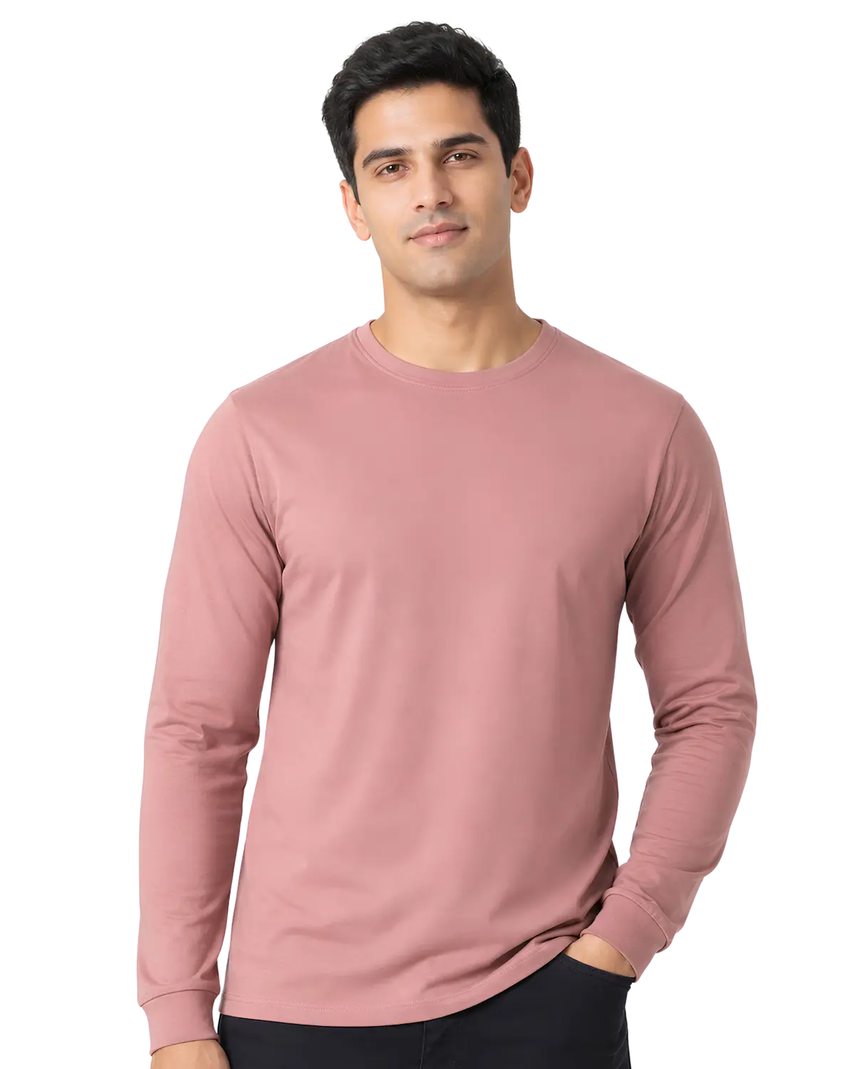 Dusty pink round neck full sleeve t shirt for men for custom branding