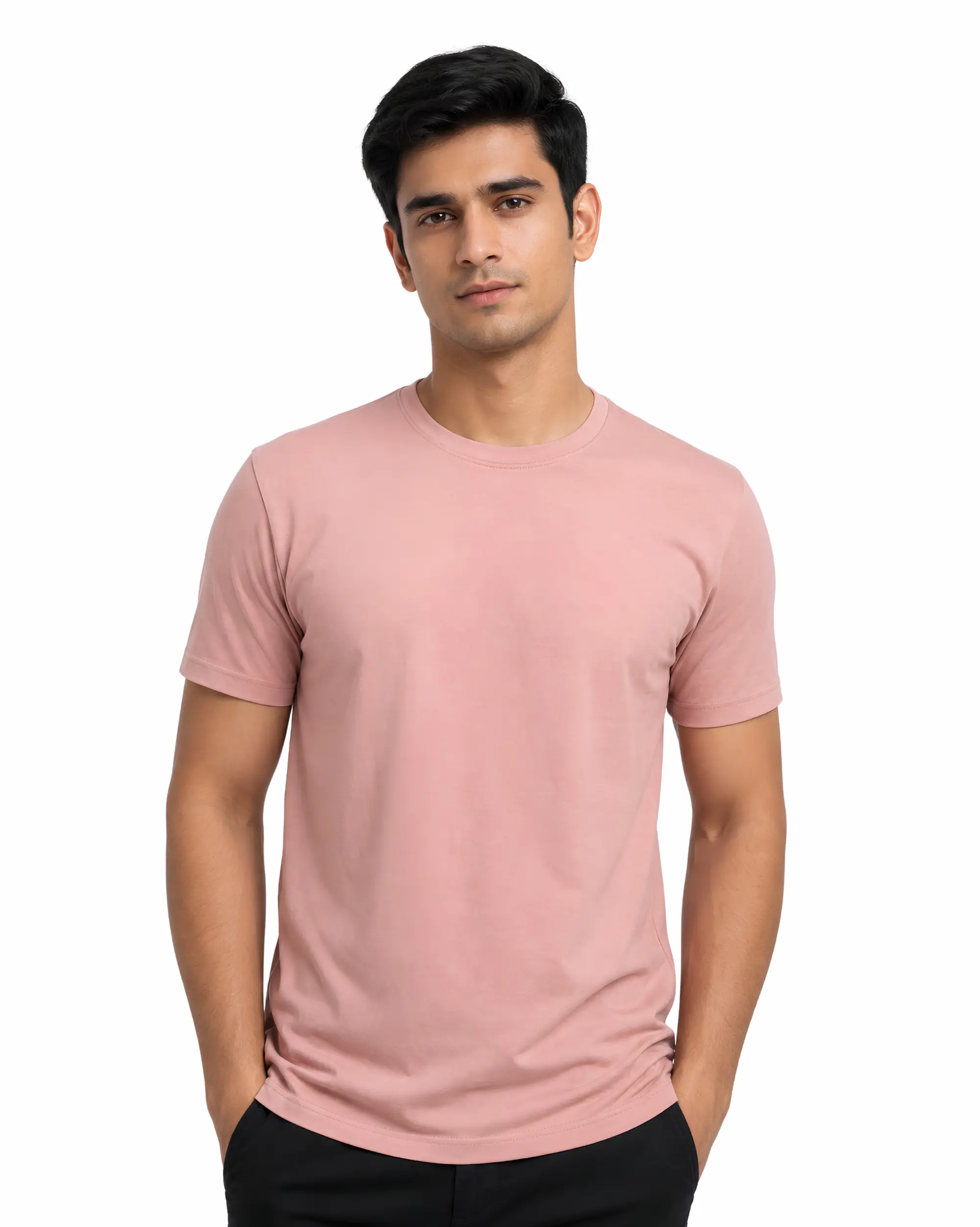 dusty pink plain cotton round neck t shirt for men