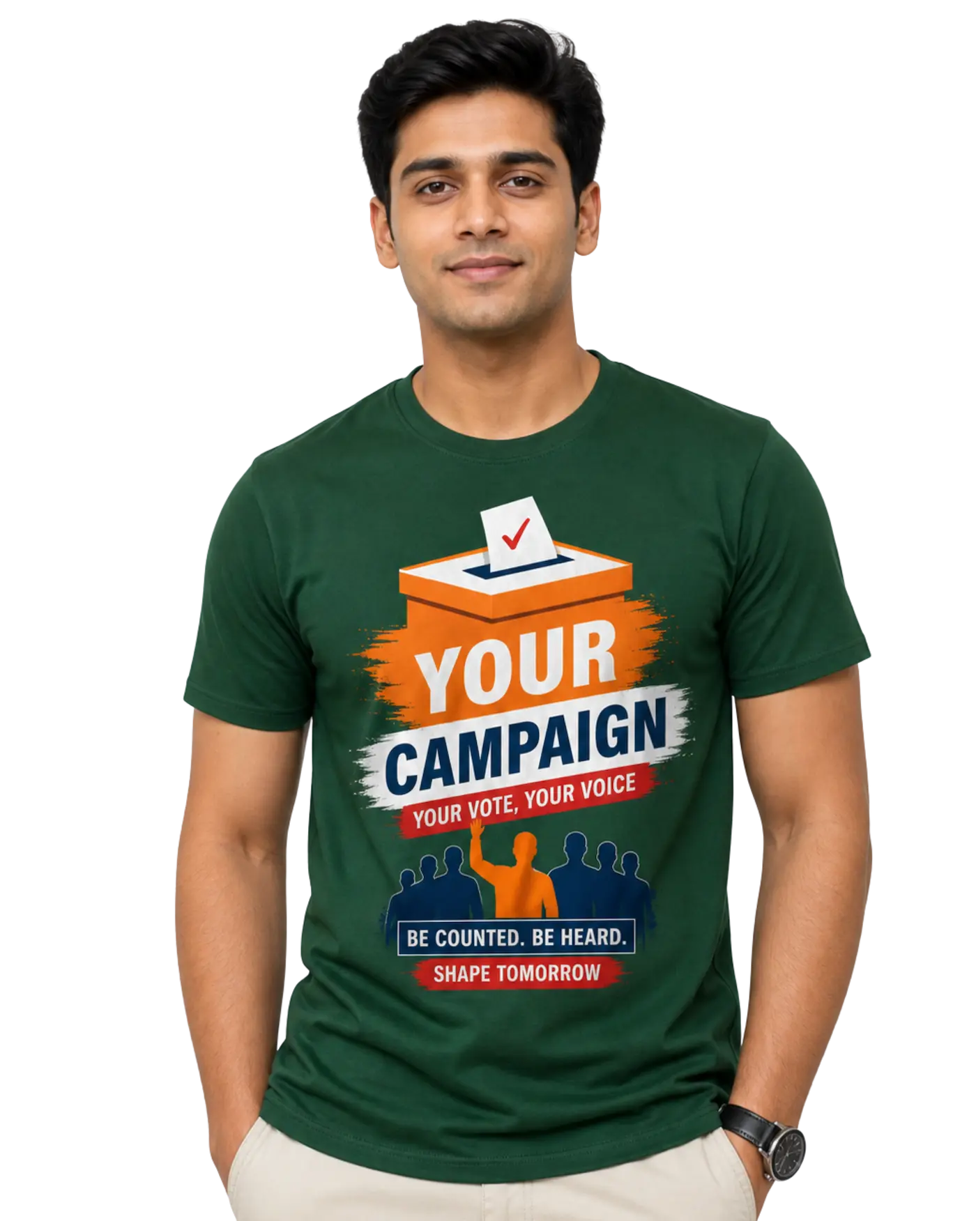 Election campaign t shirt in dark green with printed election design