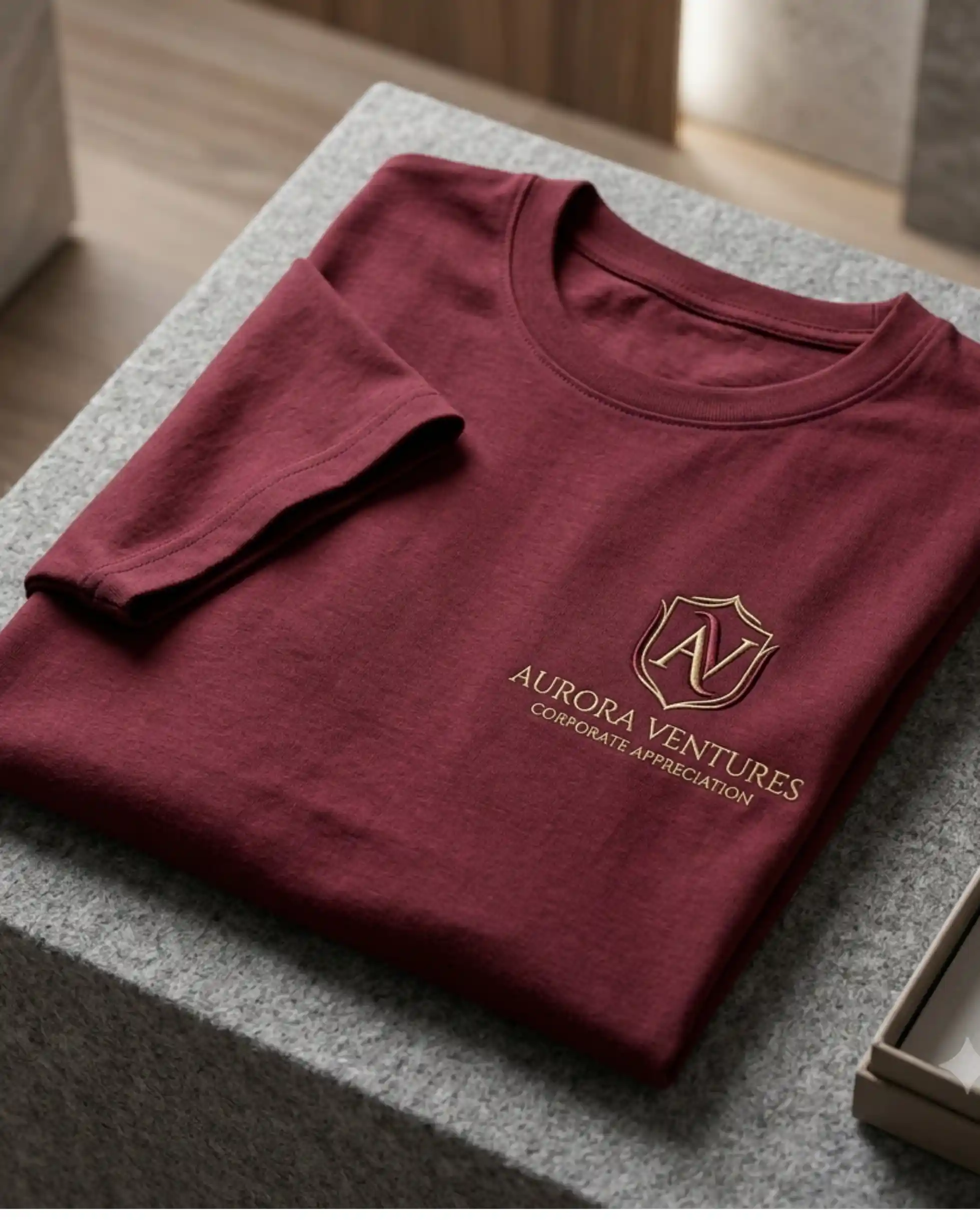 Folded Corporate Gifting T Shirt with premium embroidered company logo for employee appreciation, corporate branding and business gifting