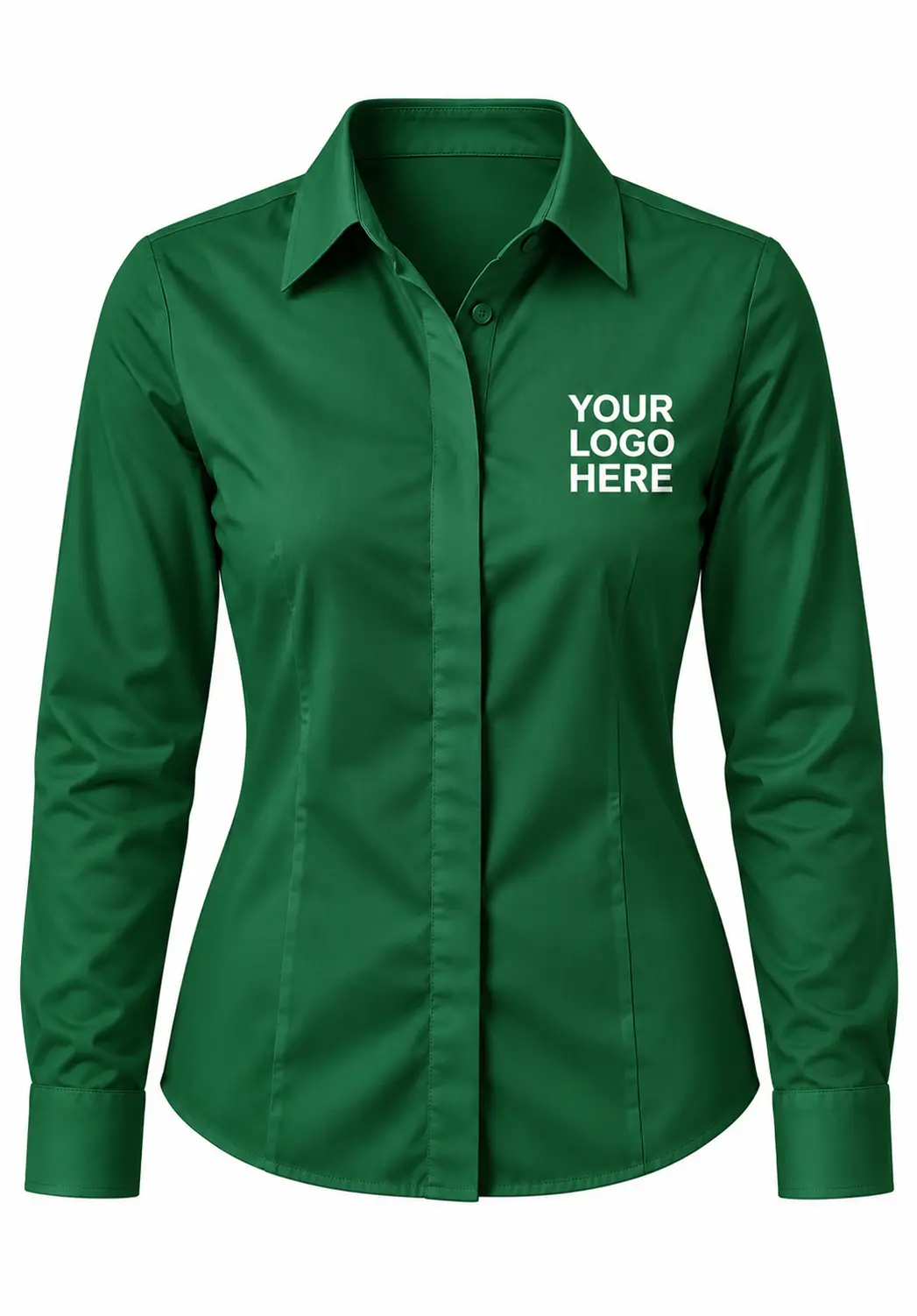 Forest green women's long sleeve shirt with white chest logo branding for custom corporate uniforms and bulk orders.