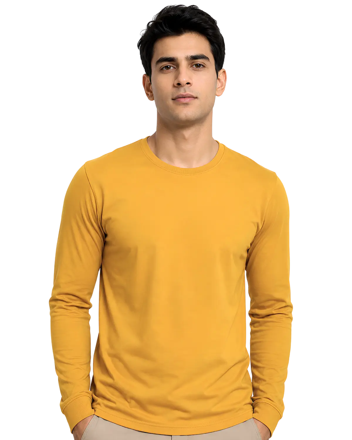 Golden mustard round neck full sleeve t shirt for men for custom branding
