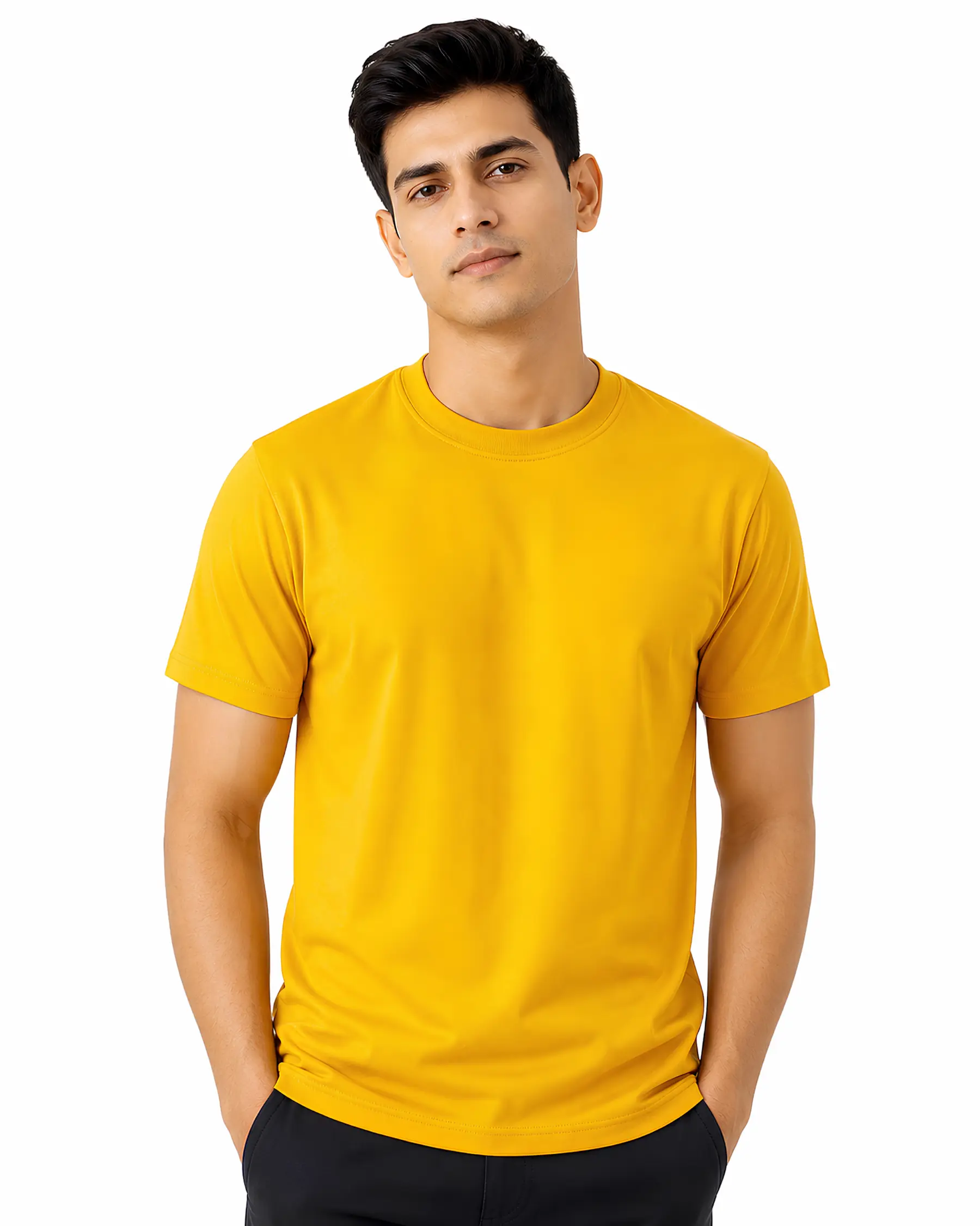 golden yellow plain cotton round neck t shirt for men
