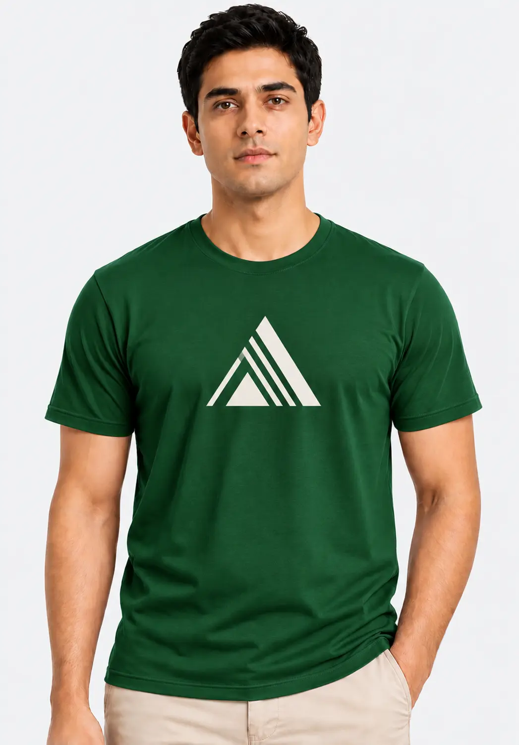 Green custom logo T-shirt with a contrasting geometric chest emblem and crew neckline for corporate uniforms and branded team apparel.