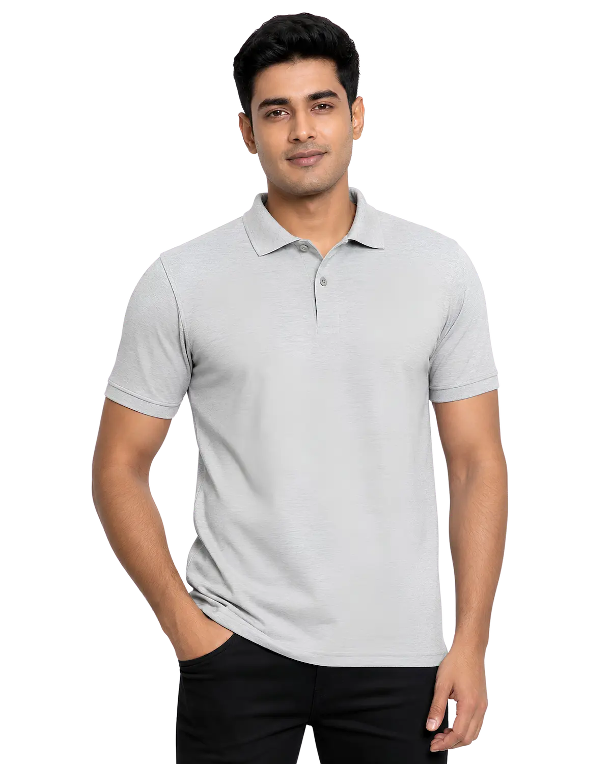 Grey cotton polo t shirt for men with classic collar