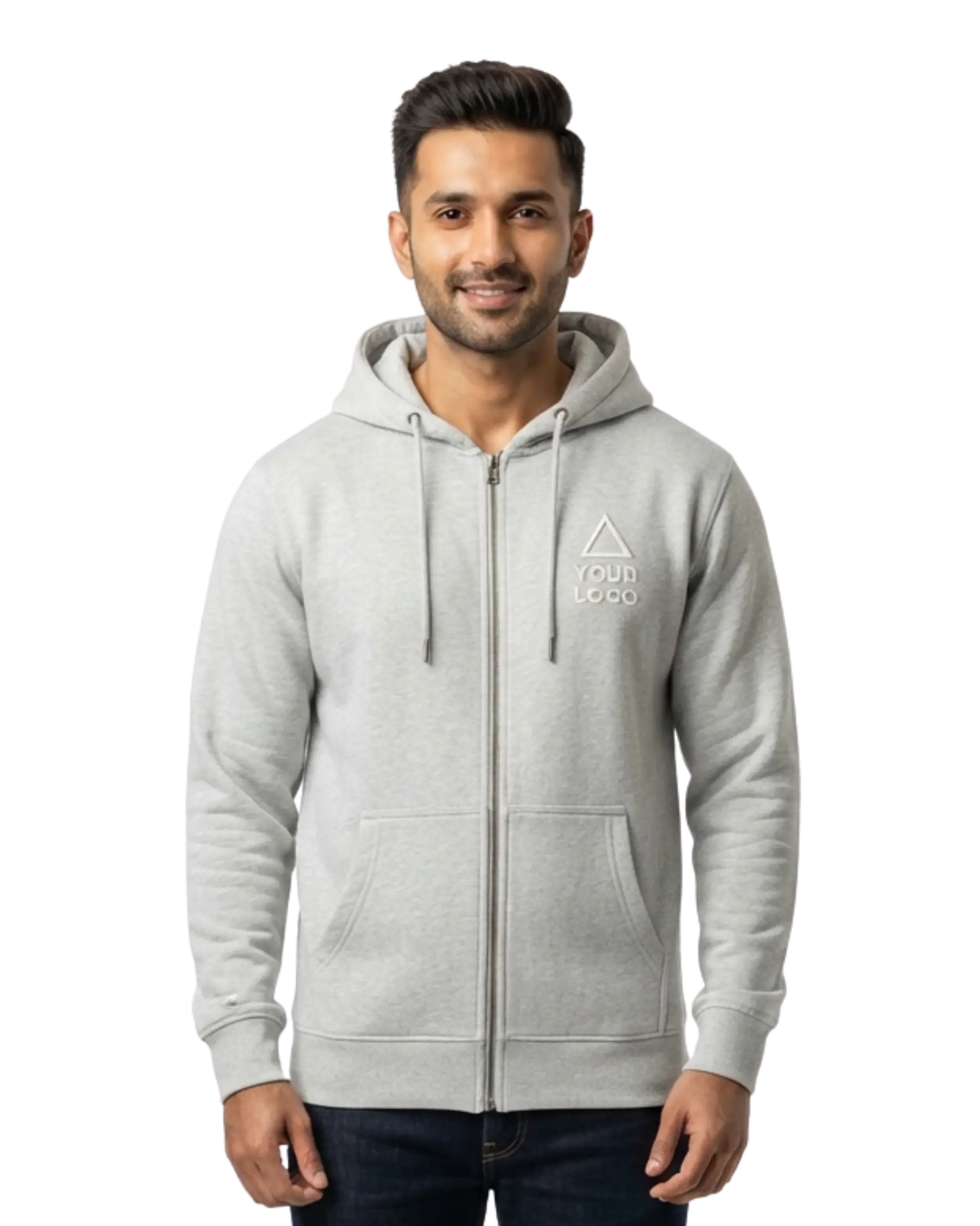 grey hoodie zip front embroidered