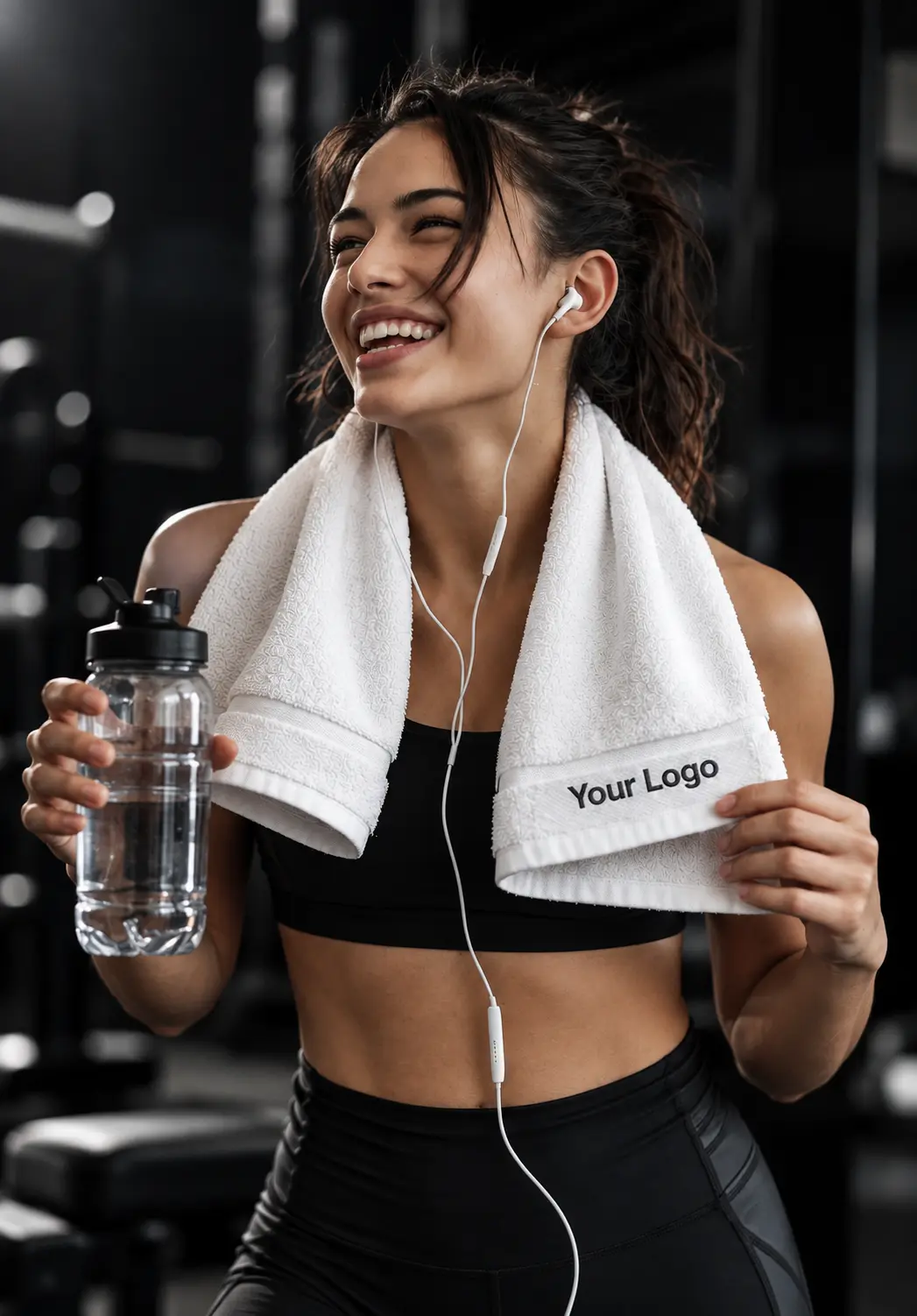 Woman holding a white branded gym towel after a workout