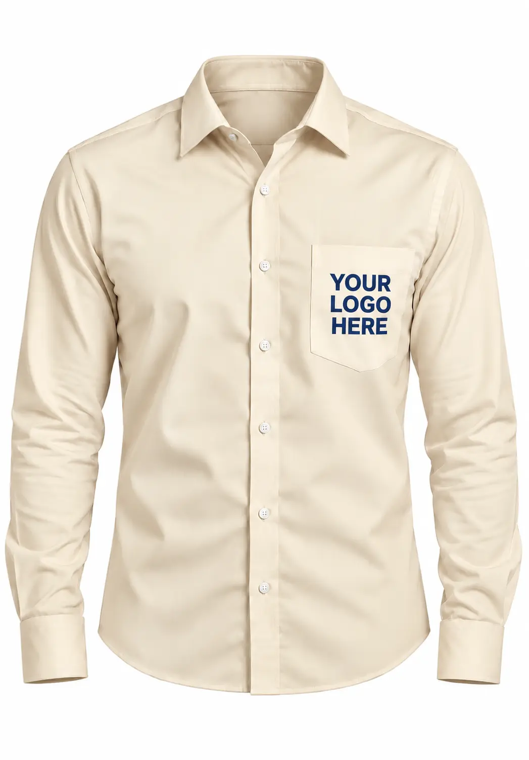 Ivory cream formal shirt for men with full sleeves and custom embroidery, ideal for corporate uniforms.