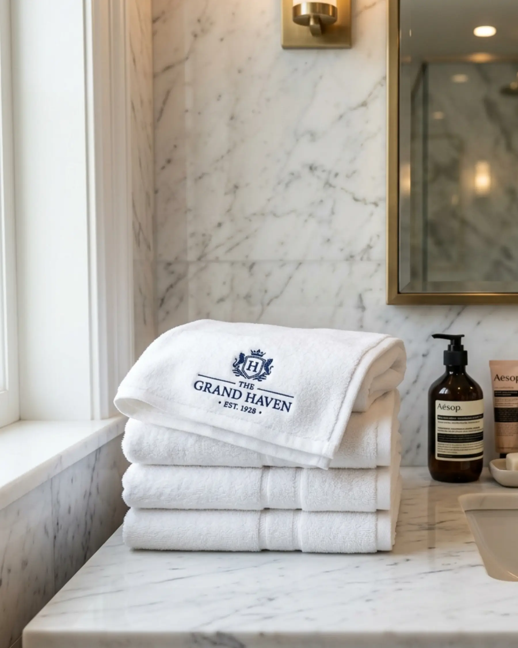 Large white bath towels in bulk with luxury embroidered finish
