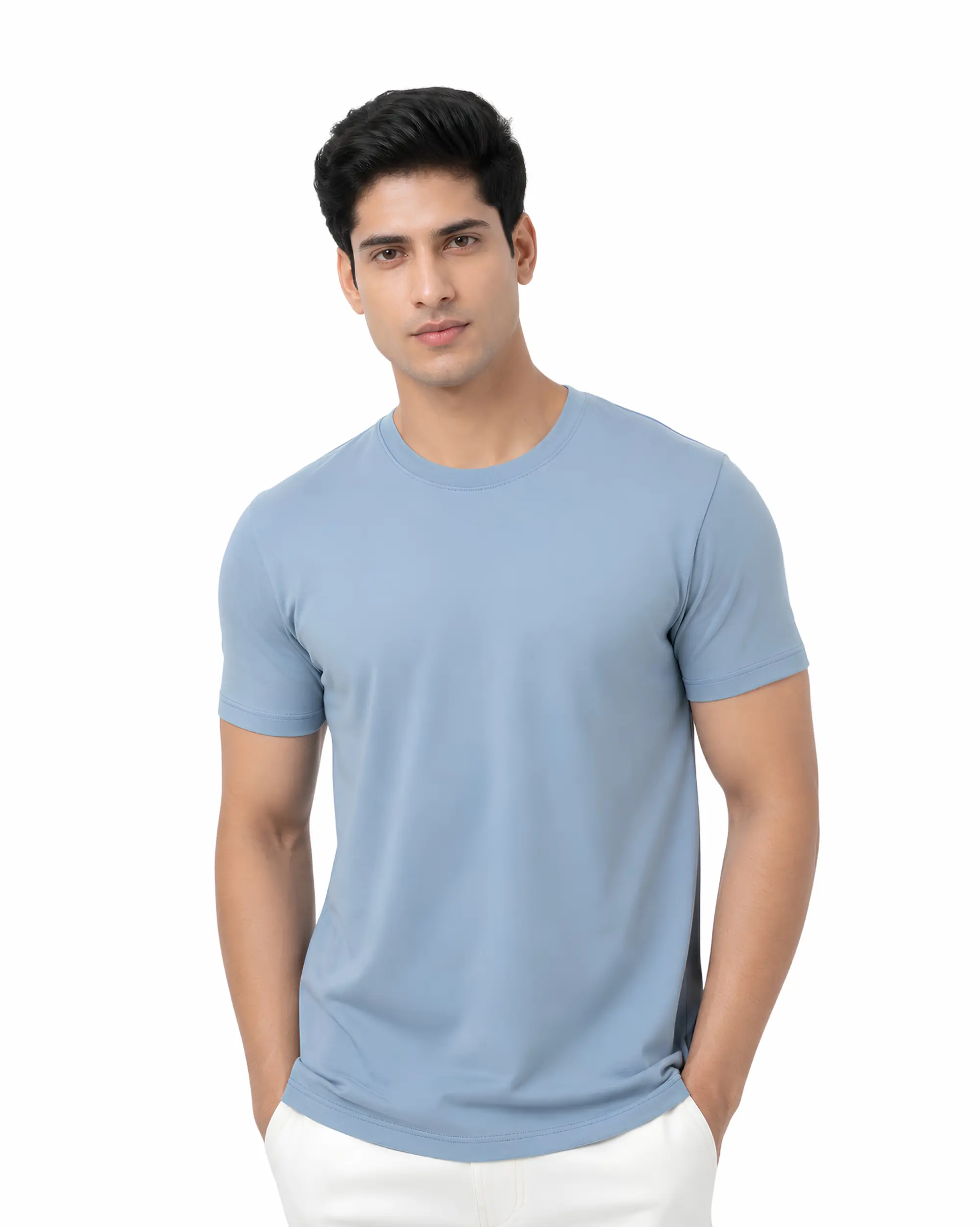 light blue plain cotton round neck t shirt for men