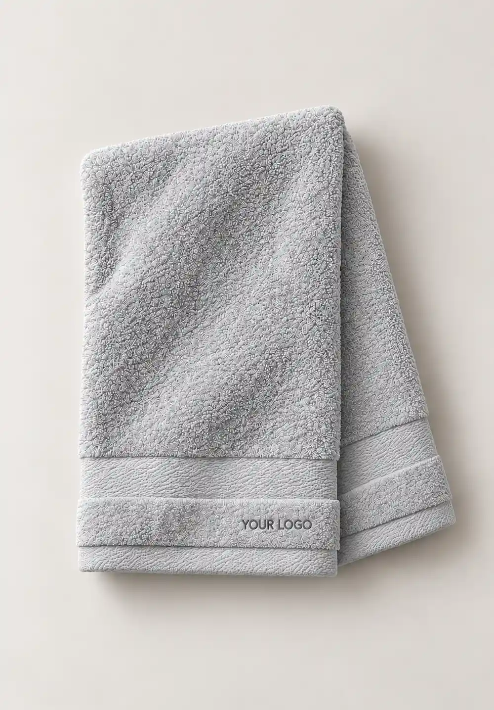 Light grey textured hand towel with custom logo embroidery.
