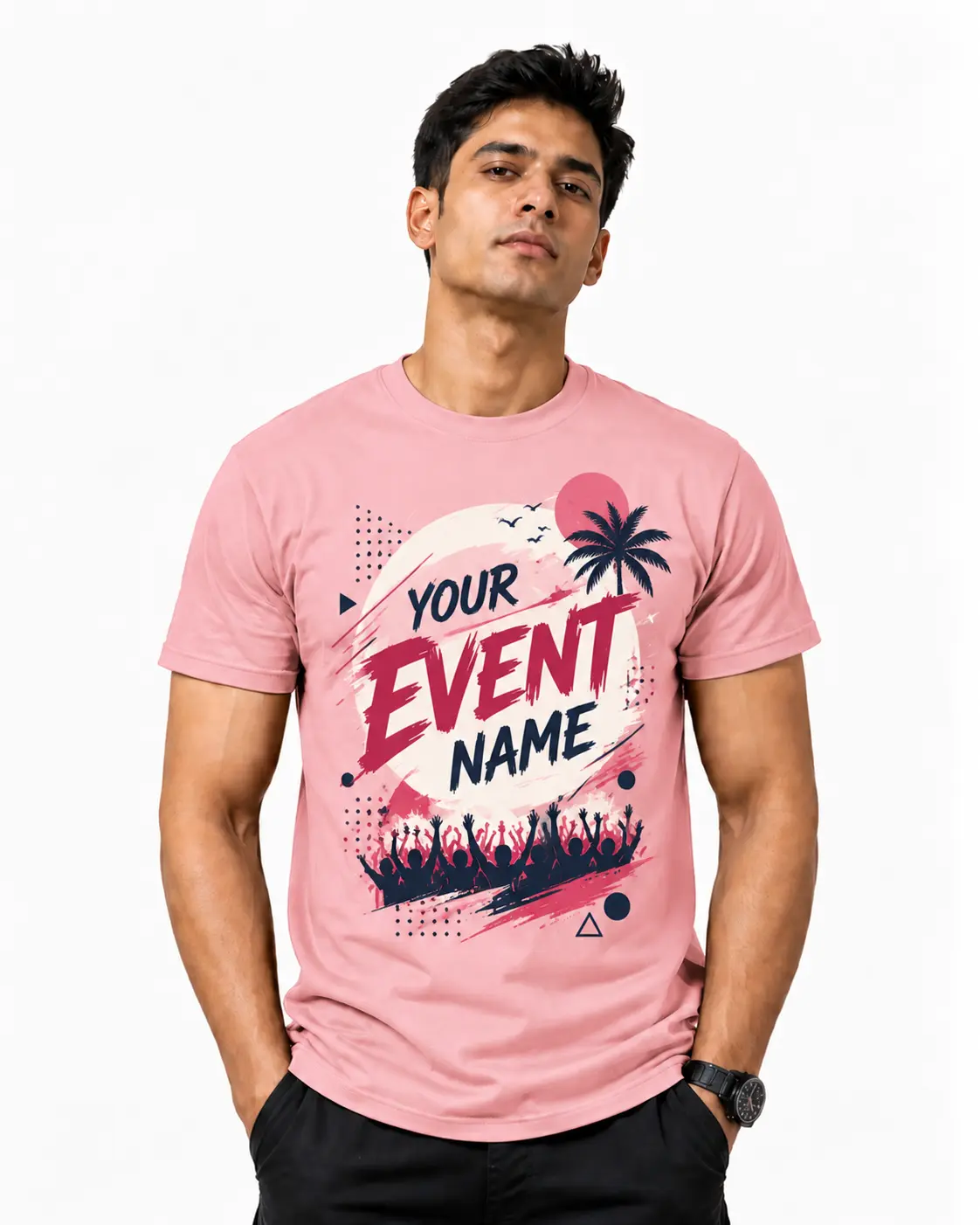 Light pink cultural event T-shirt with modern event typography, palm tree artwork and crowd graphics, designed for festivals and college celebrations.