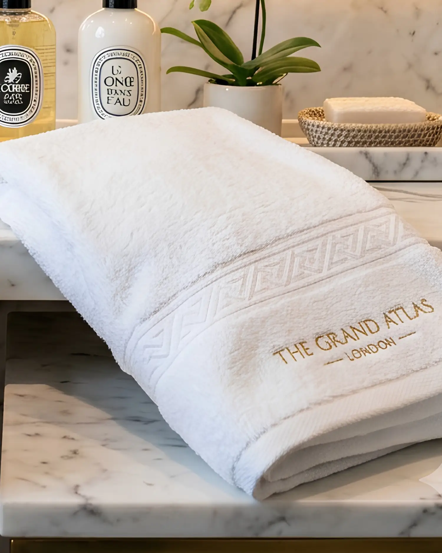 Luxury white cotton hand towel with embroidered hotel-style detailing