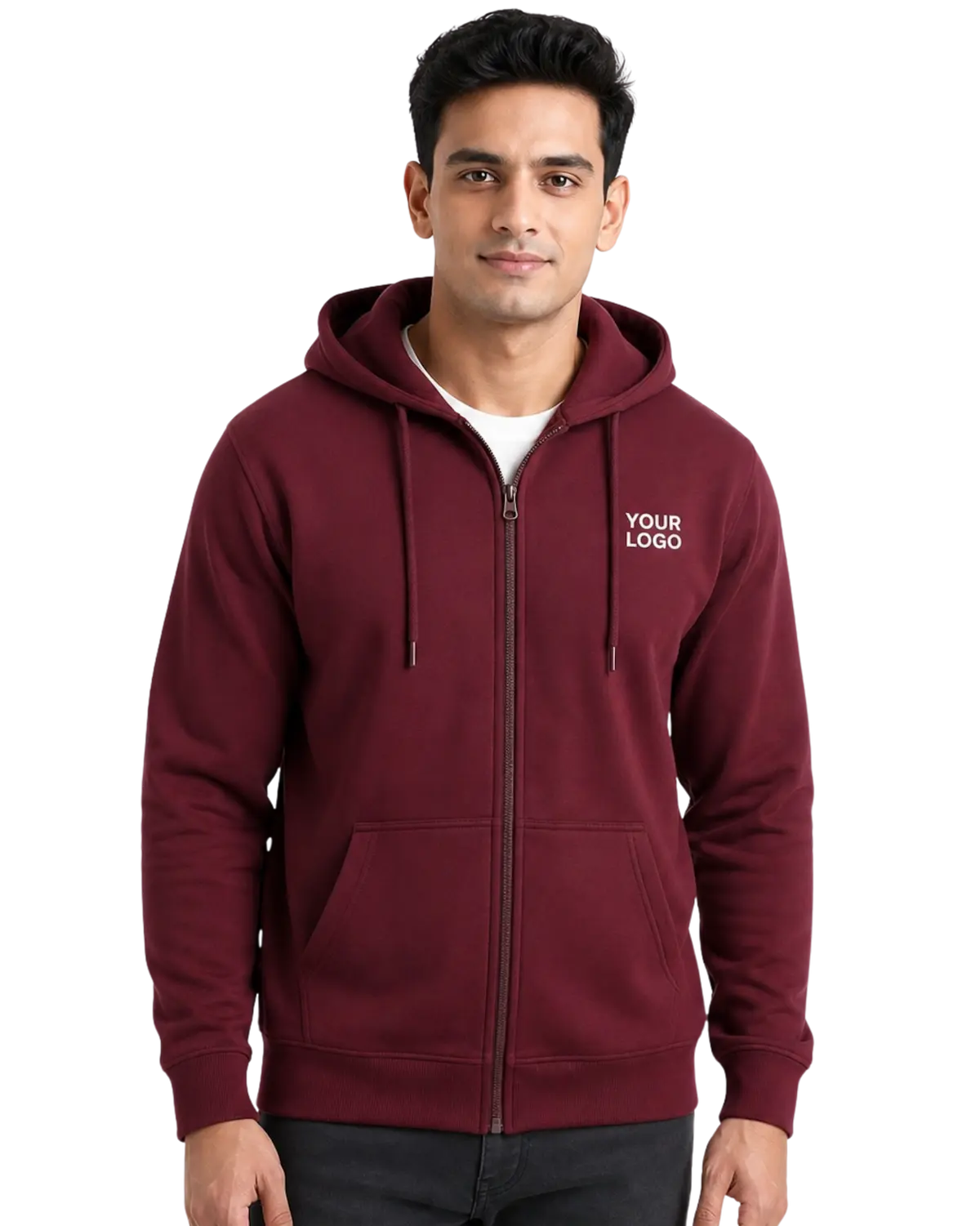 Maroon zipper hoodie for men front view