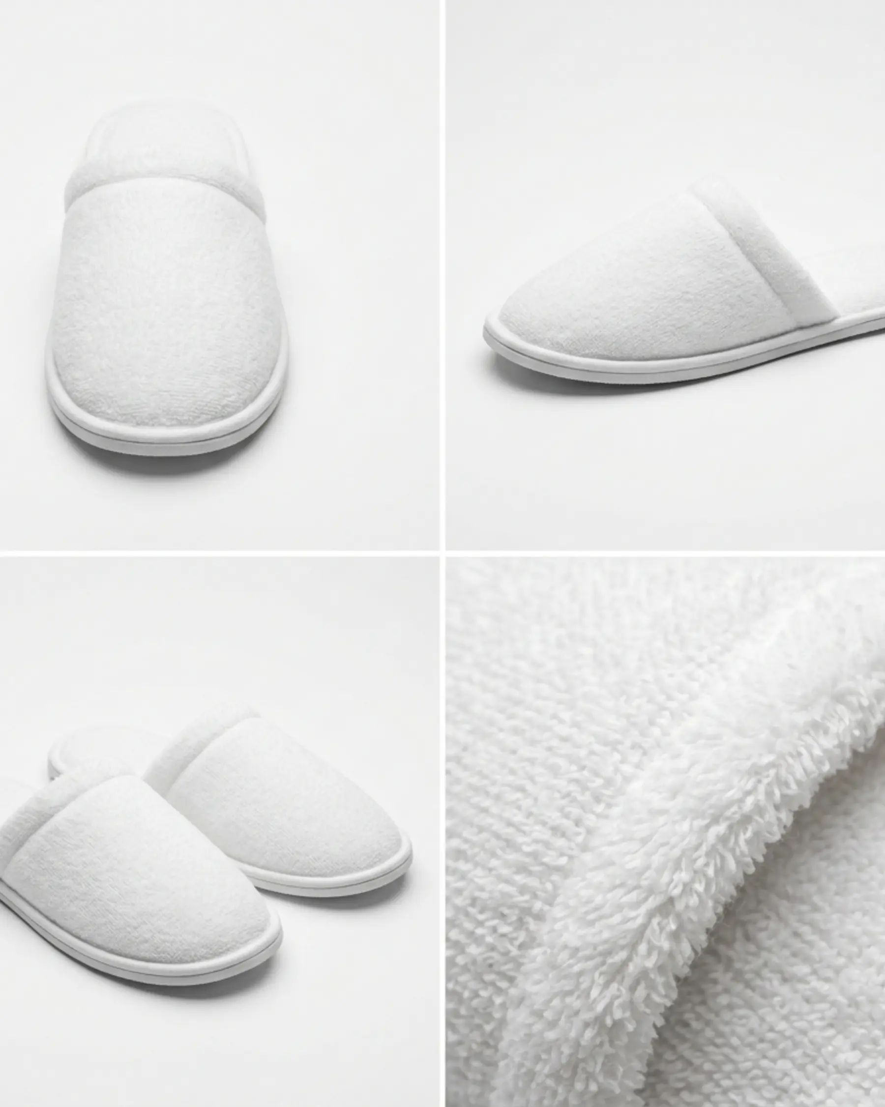 White cotton hotel slippers showing soft terry upper and textured sole