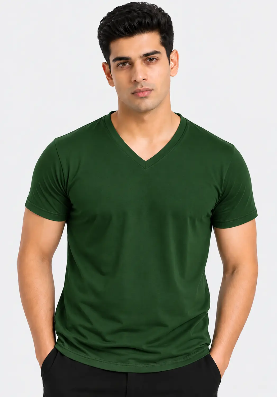 Dark green men's V-neck T-shirt featuring half sleeves, a clean neckline and a solid design for everyday wear.