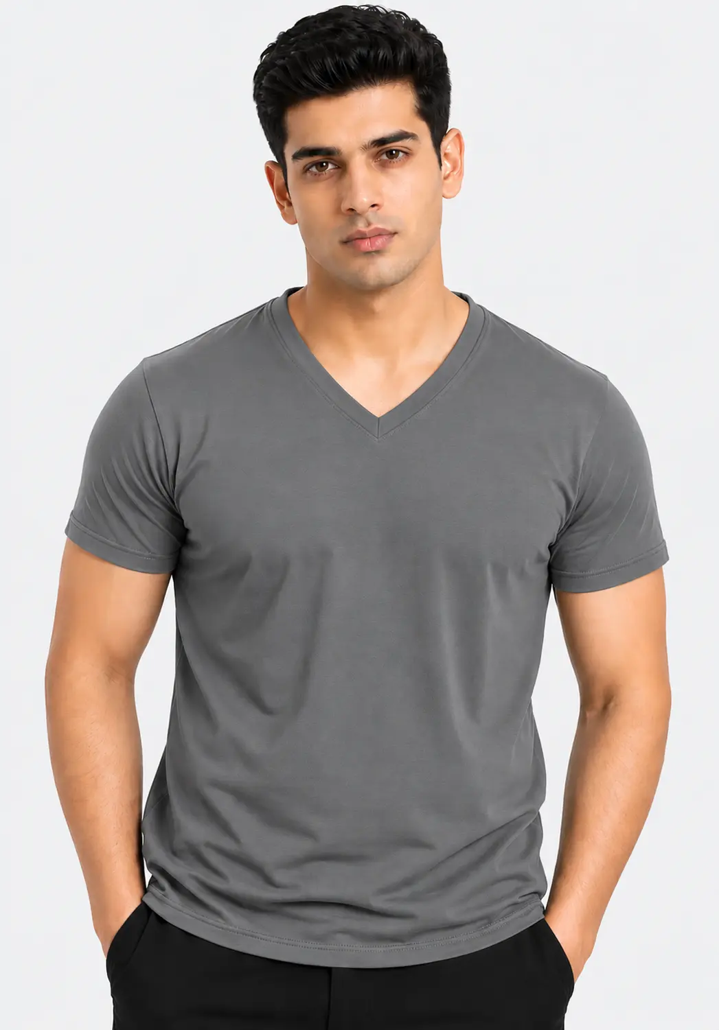 Grey V-neck T-shirt for men with half sleeves, a plain solid finish and a classic fit for casual styling.