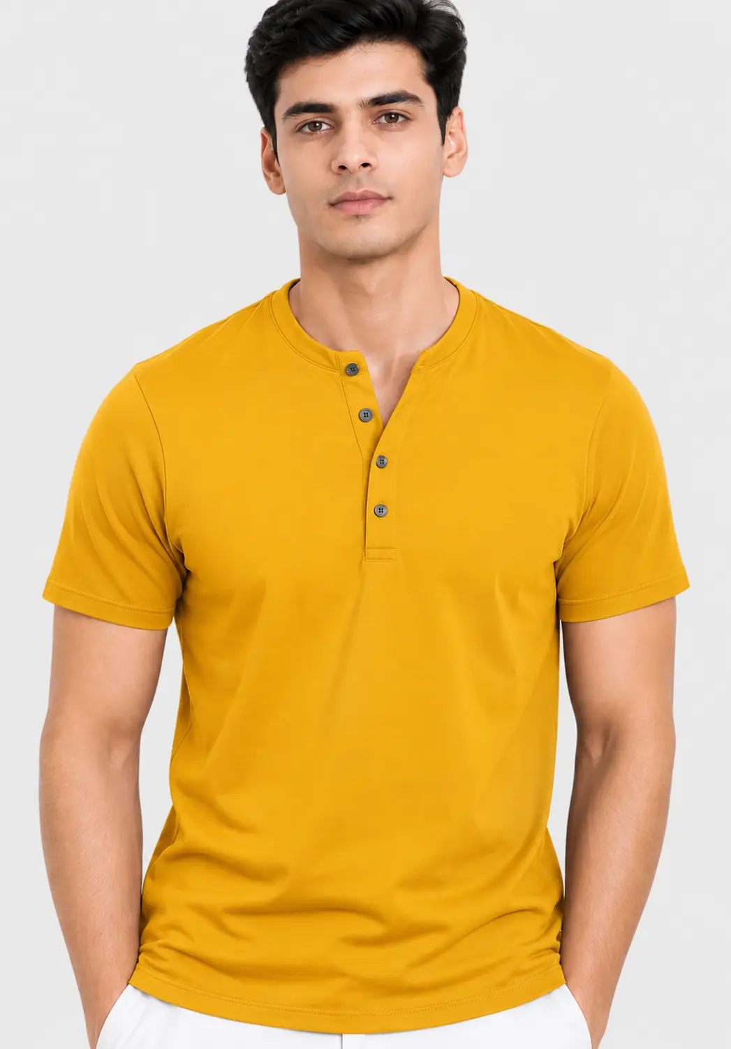 Mustard yellow men's Henley T-shirt with half sleeves, button placket and Henley neckline for casual wear.