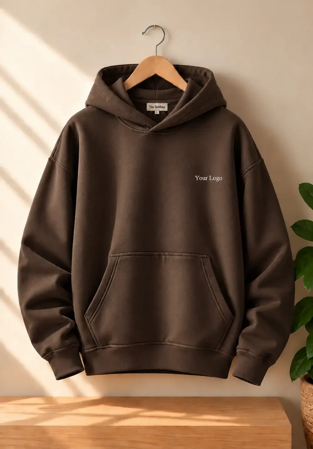 Mens luxury brown hoodie with premium finish and kangaroo pocket