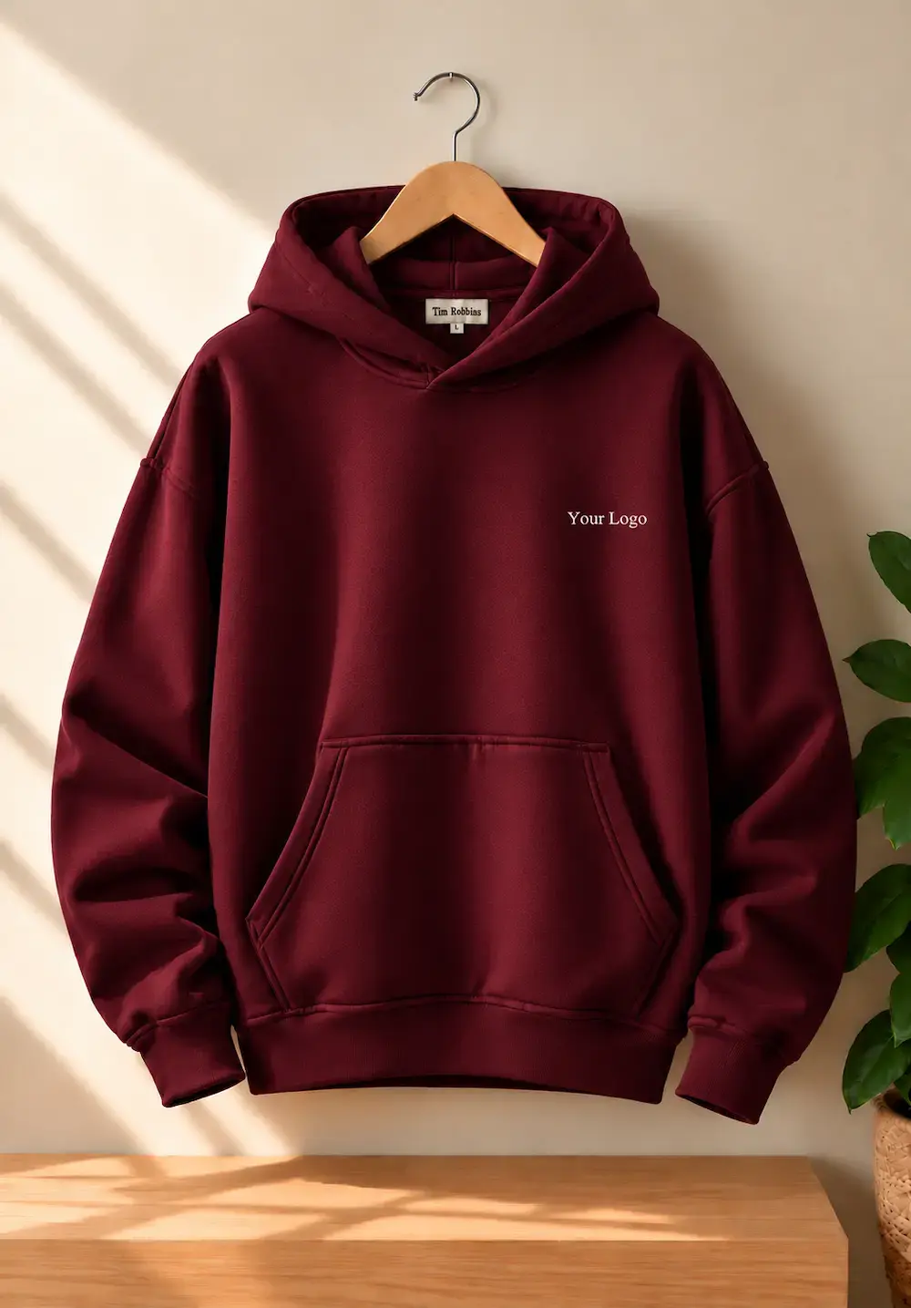 Mens luxury burgundy hoodie suitable for custom branding and casual wear