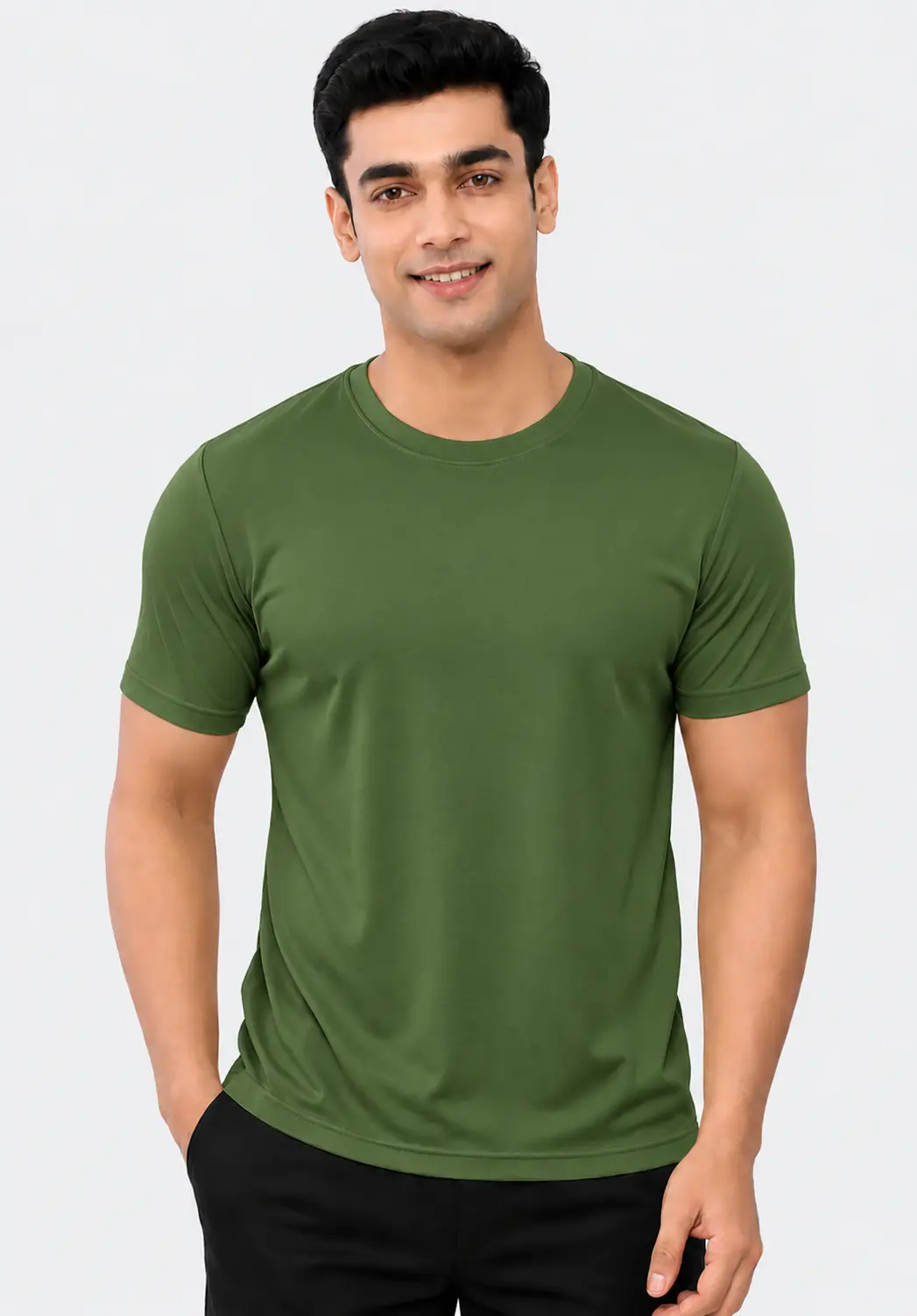 Dark green polyester gym T-shirt for men with a round neck and short sleeves, designed for sports, workout sessions and casual wear.