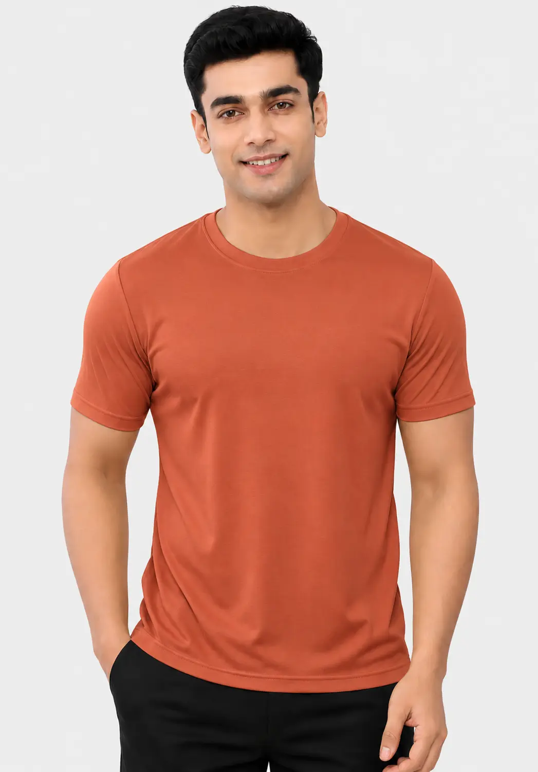 Terracotta polyester gym T-shirt for men featuring a round neck, short sleeves and a comfortable fit for workouts and casual styling.