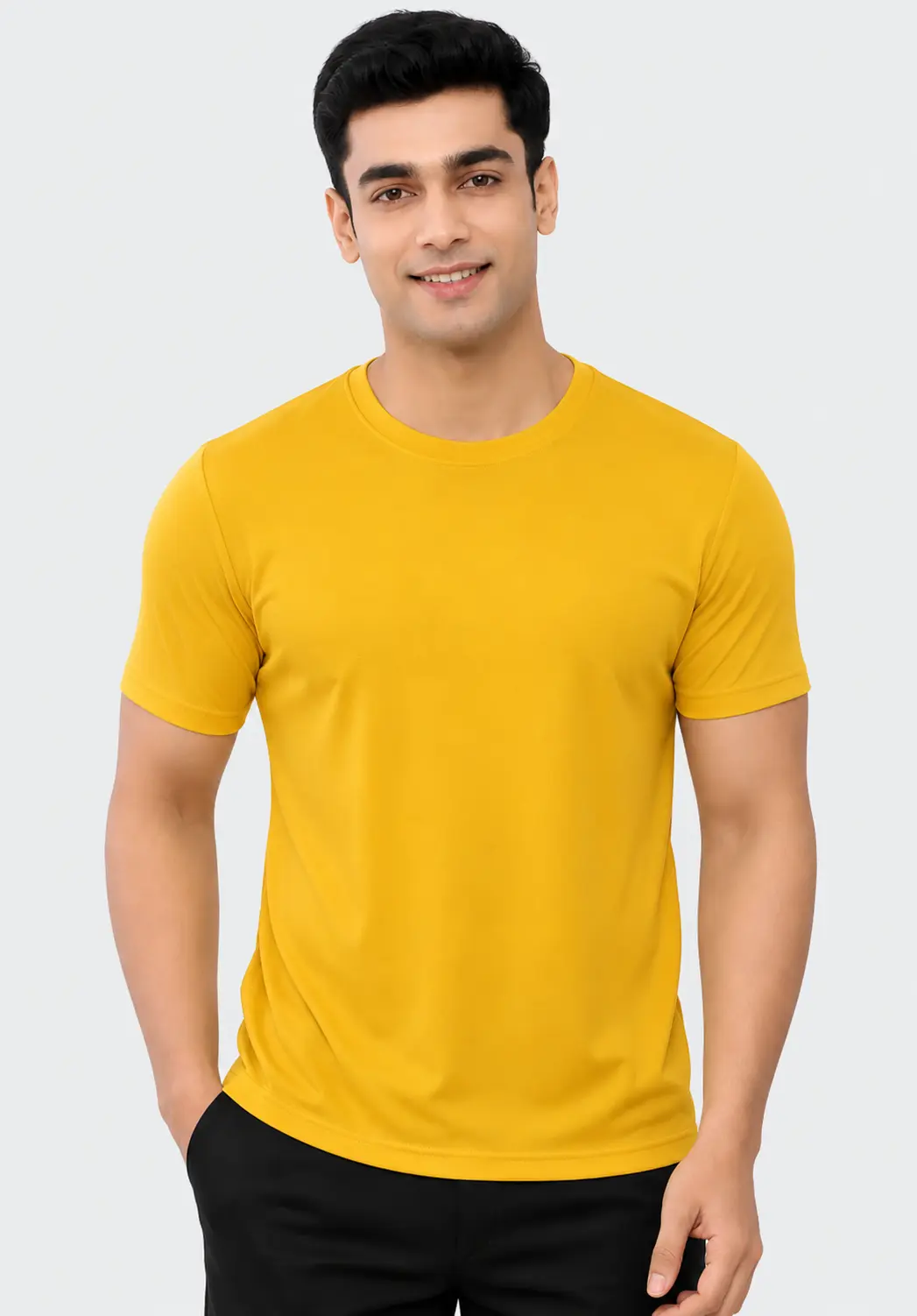Mustard yellow polyester T-shirt for men with round neck, short sleeves and regular fit, suitable for gym and casual wear.