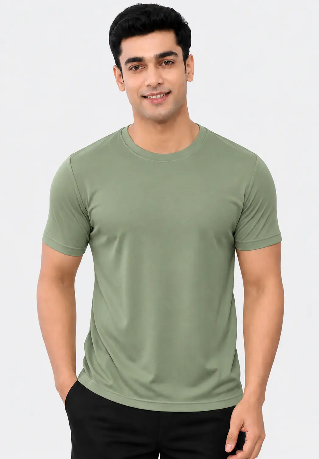 Sage green polyester T-shirt for men with a round neck and short sleeves, suitable for gym workouts, sports and everyday use.