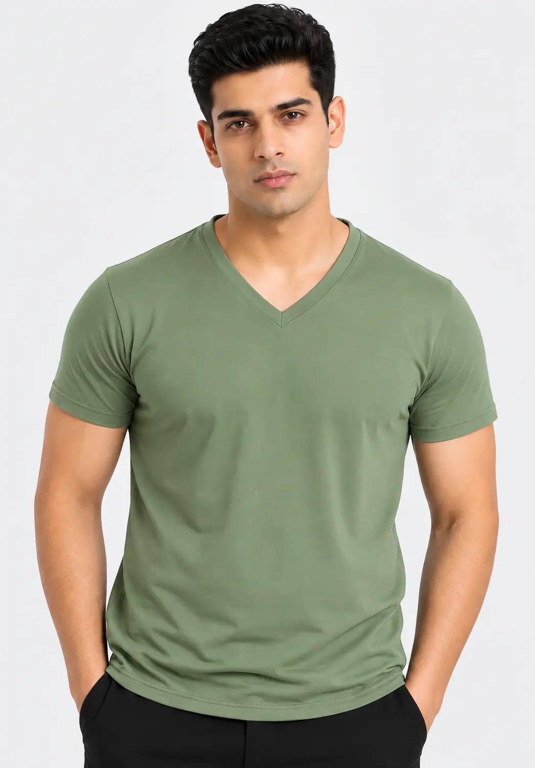Sage green V-neck T-shirt for men with half sleeves, a plain solid design and a comfortable fit for casual wear.