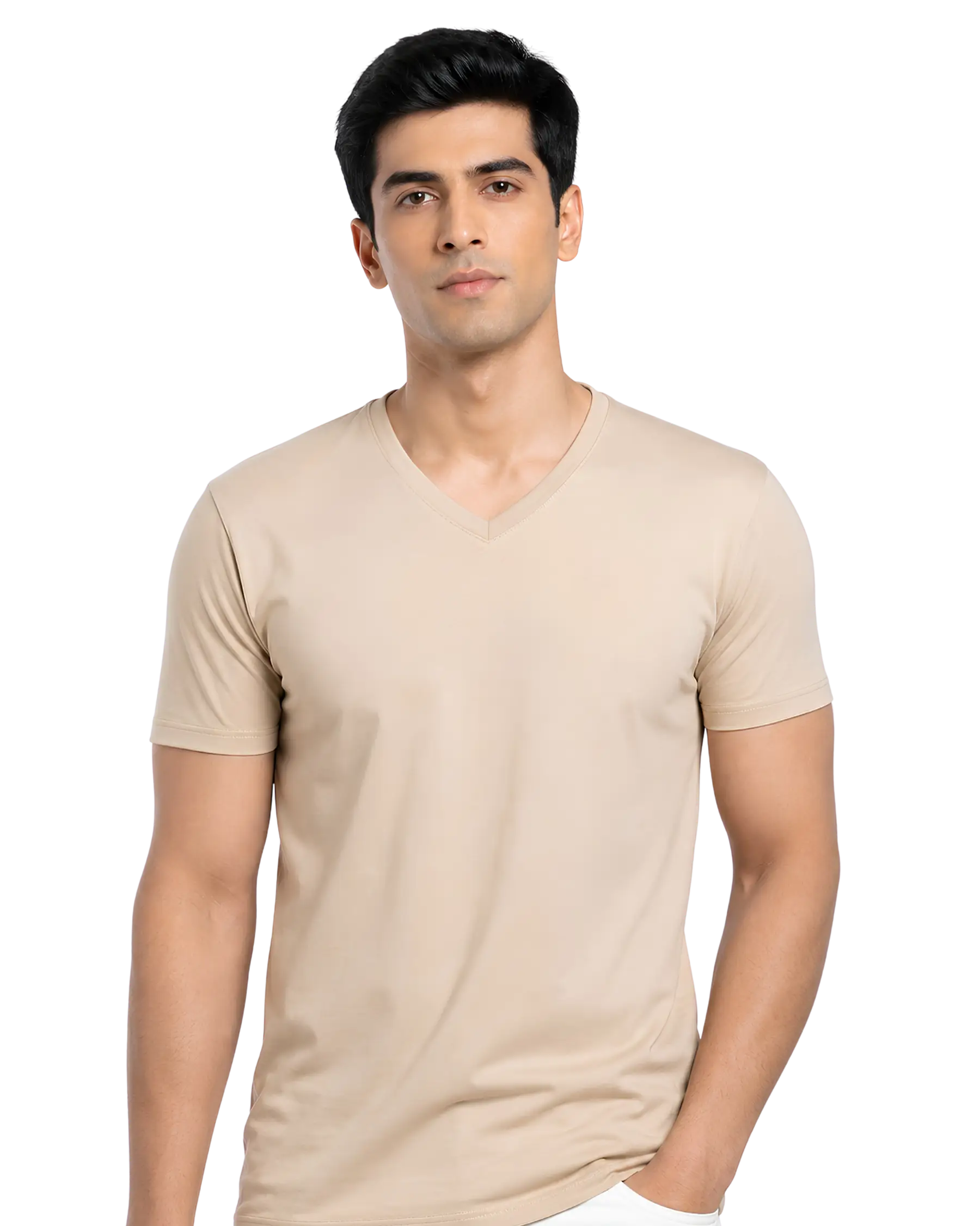Men's V Neck T Shirt in Beige for Custom Business and Team Branding