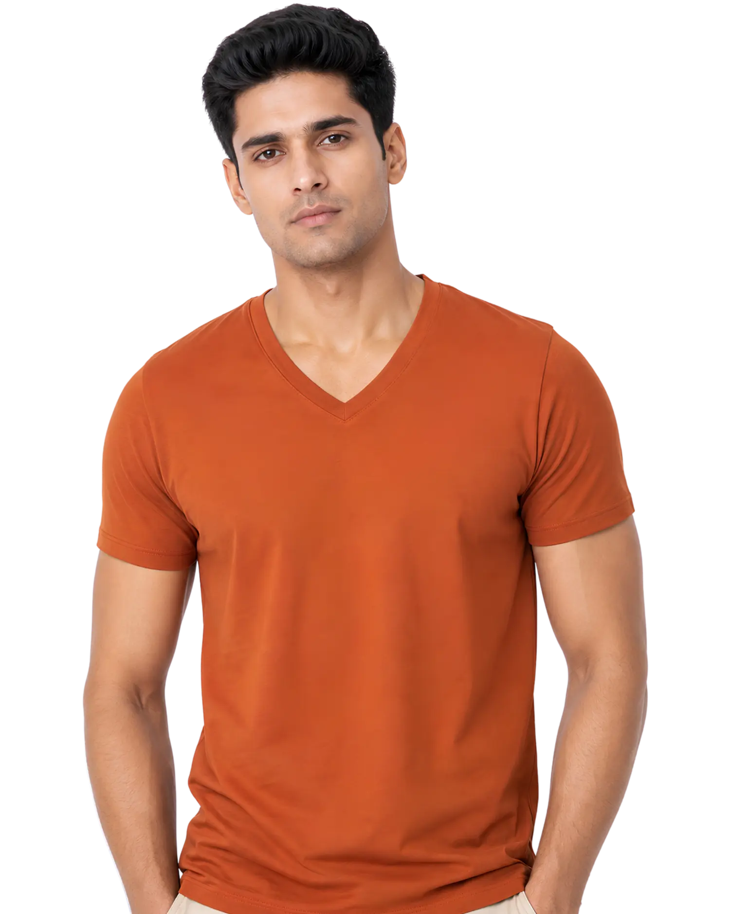 Men's V Neck T Shirt in Burnt Orange for Custom Business Apparel