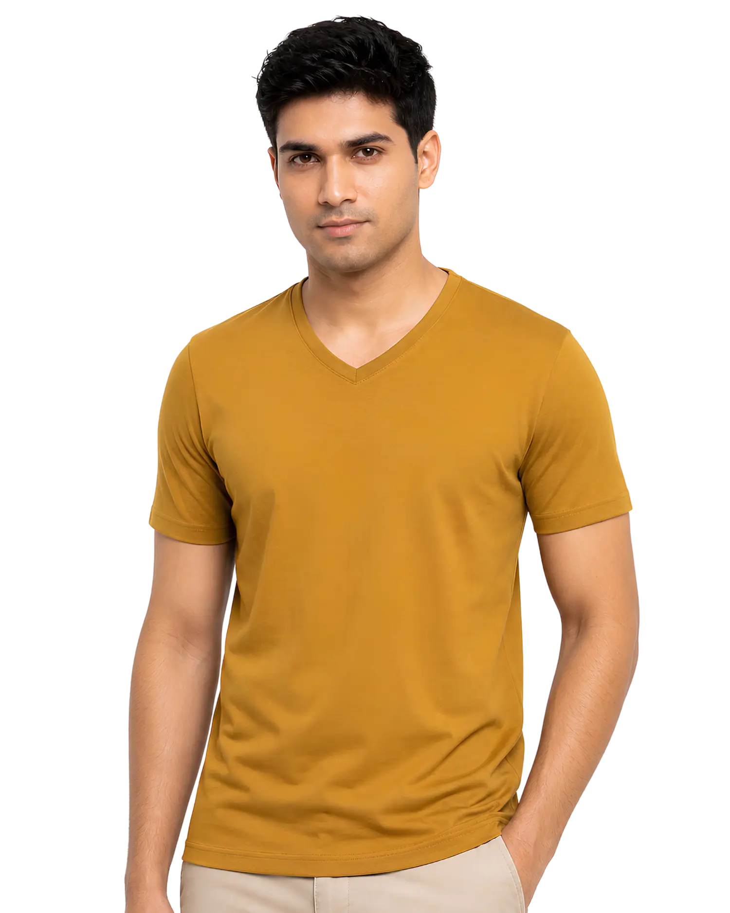 Men's V Neck T Shirt in Mustard Yellow for Promotional Branding