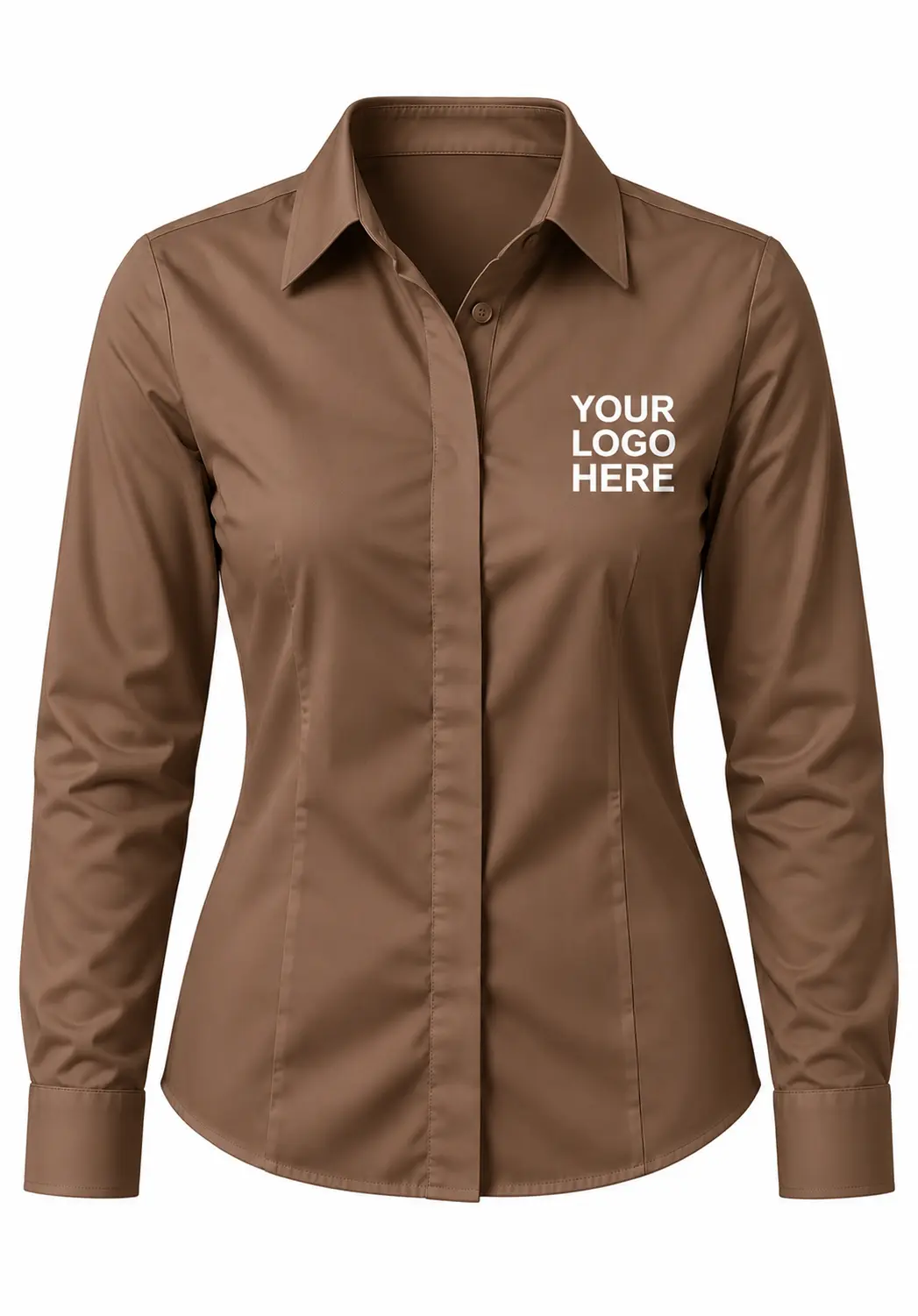 Mocha brown women's long sleeve shirt with a white custom chest logo for professional uniforms and branded workwear.