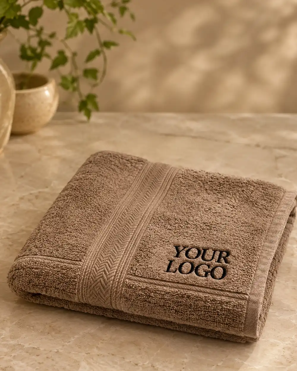 Mocha brown custom embroidered towel with logo, suitable for premium corporate gifts and hotel use.