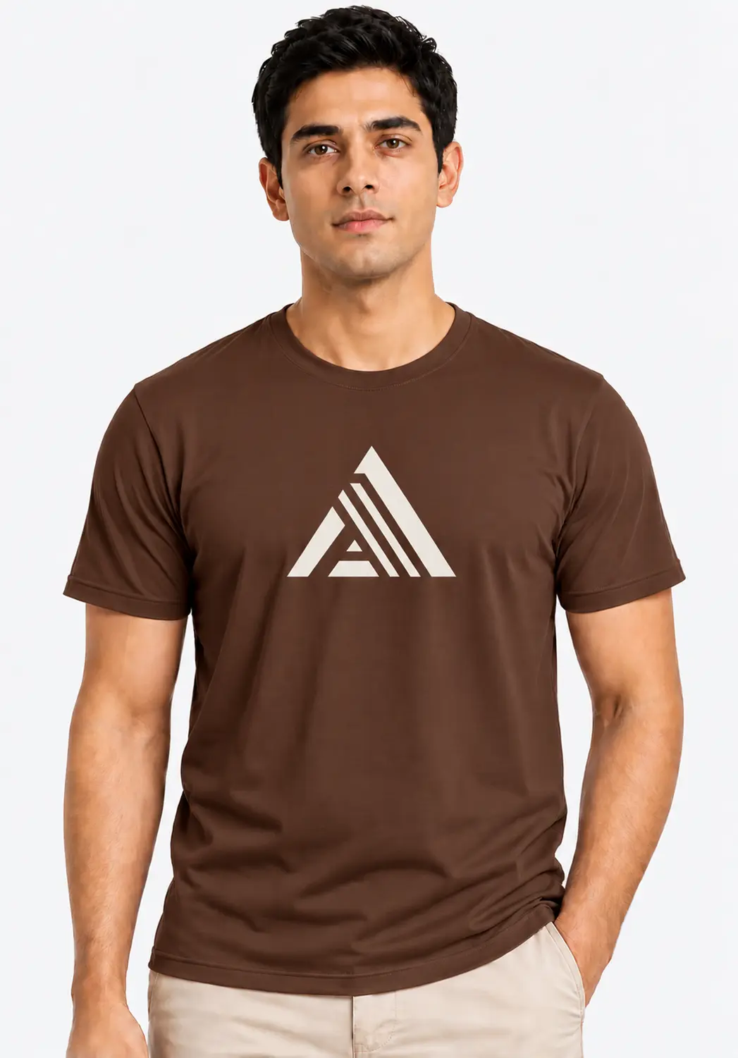 Mocha brown custom logo T-shirt for men featuring a cream geometric chest emblem and a plain crew-neck design for branded apparel.