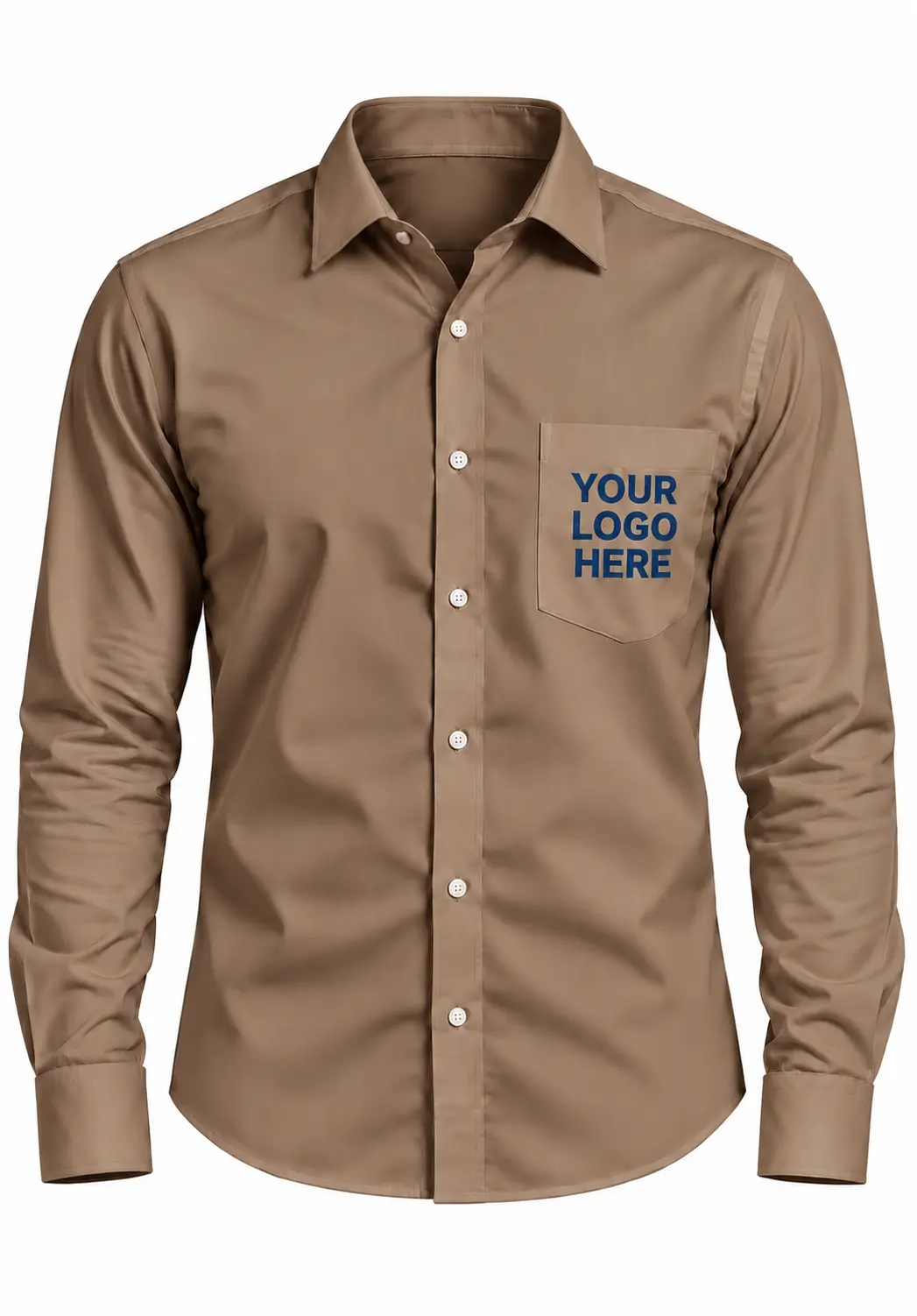 Mocha brown formal shirt for men featuring full sleeves and customized embroidery on the chest pocket.