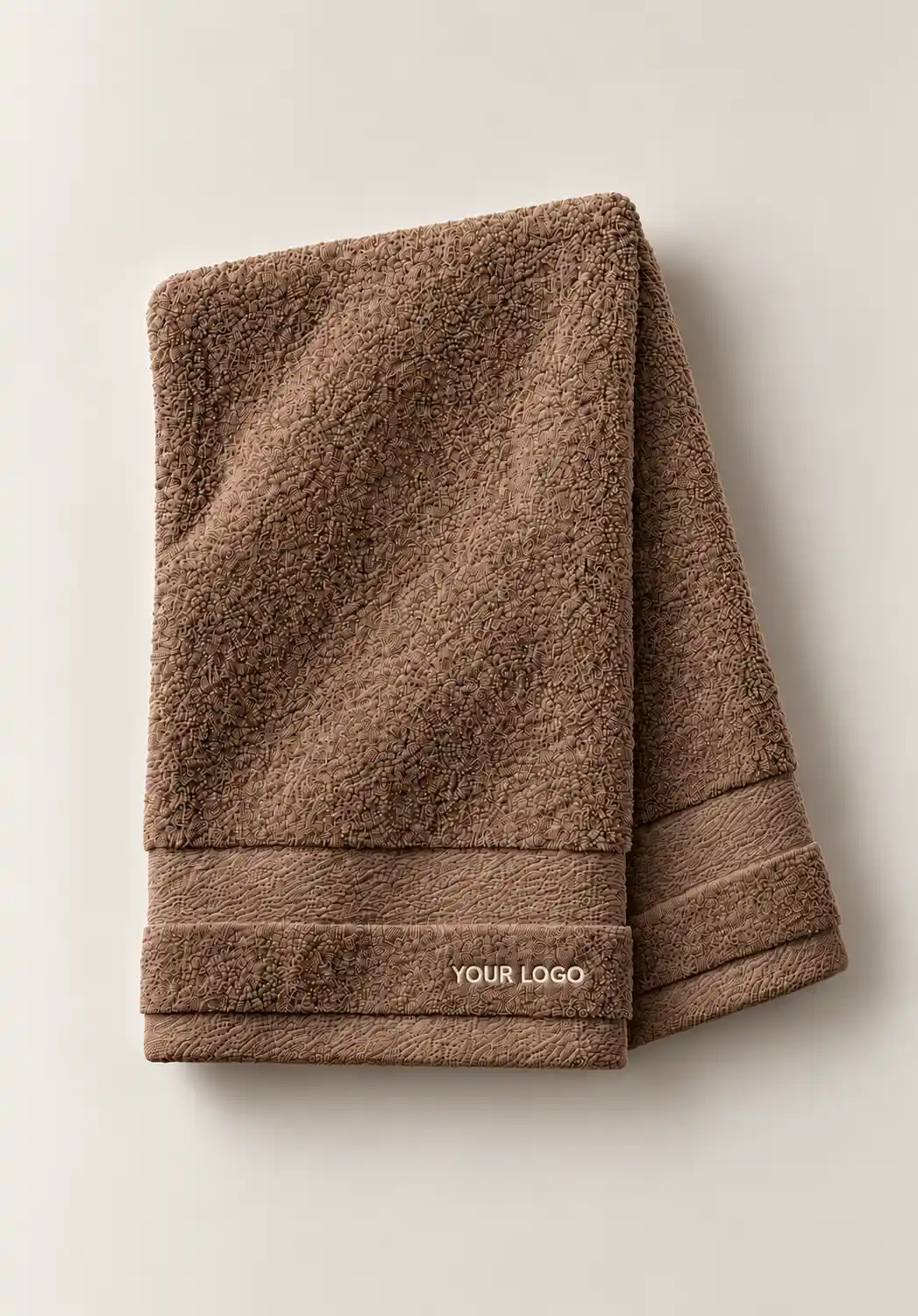 Mocha brown textured hand towel with custom logo embroidery.