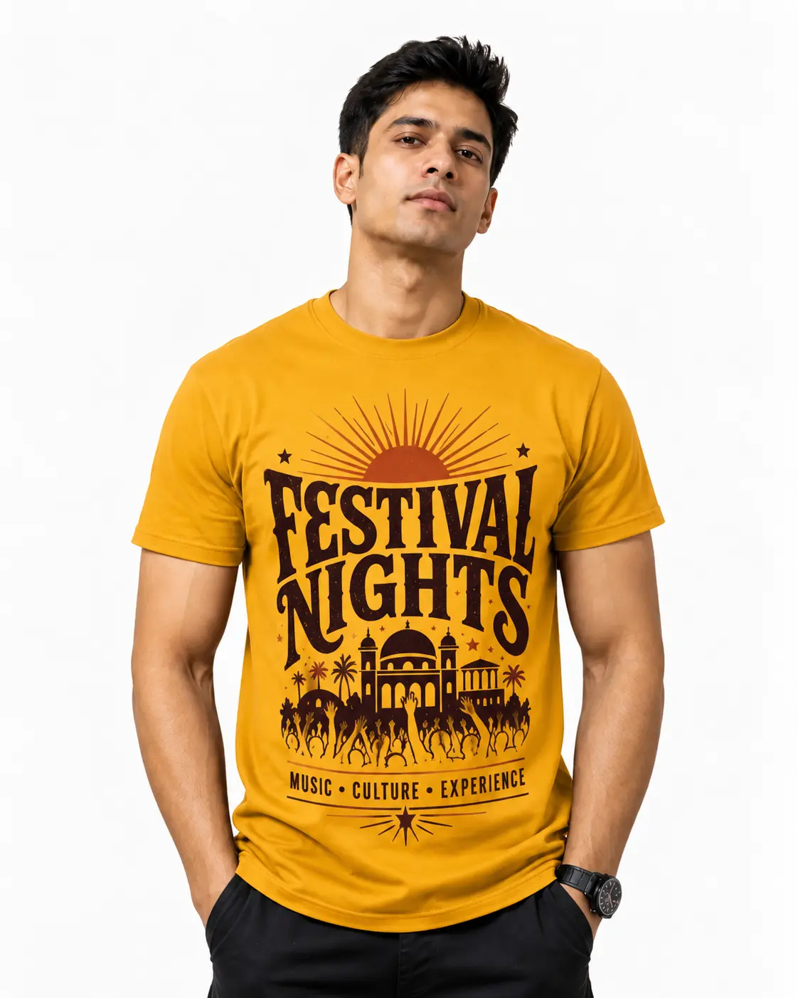 Mustard yellow event T-shirt with a festival graphic, bold typography and crowd illustration, ideal for cultural events and college festivals.