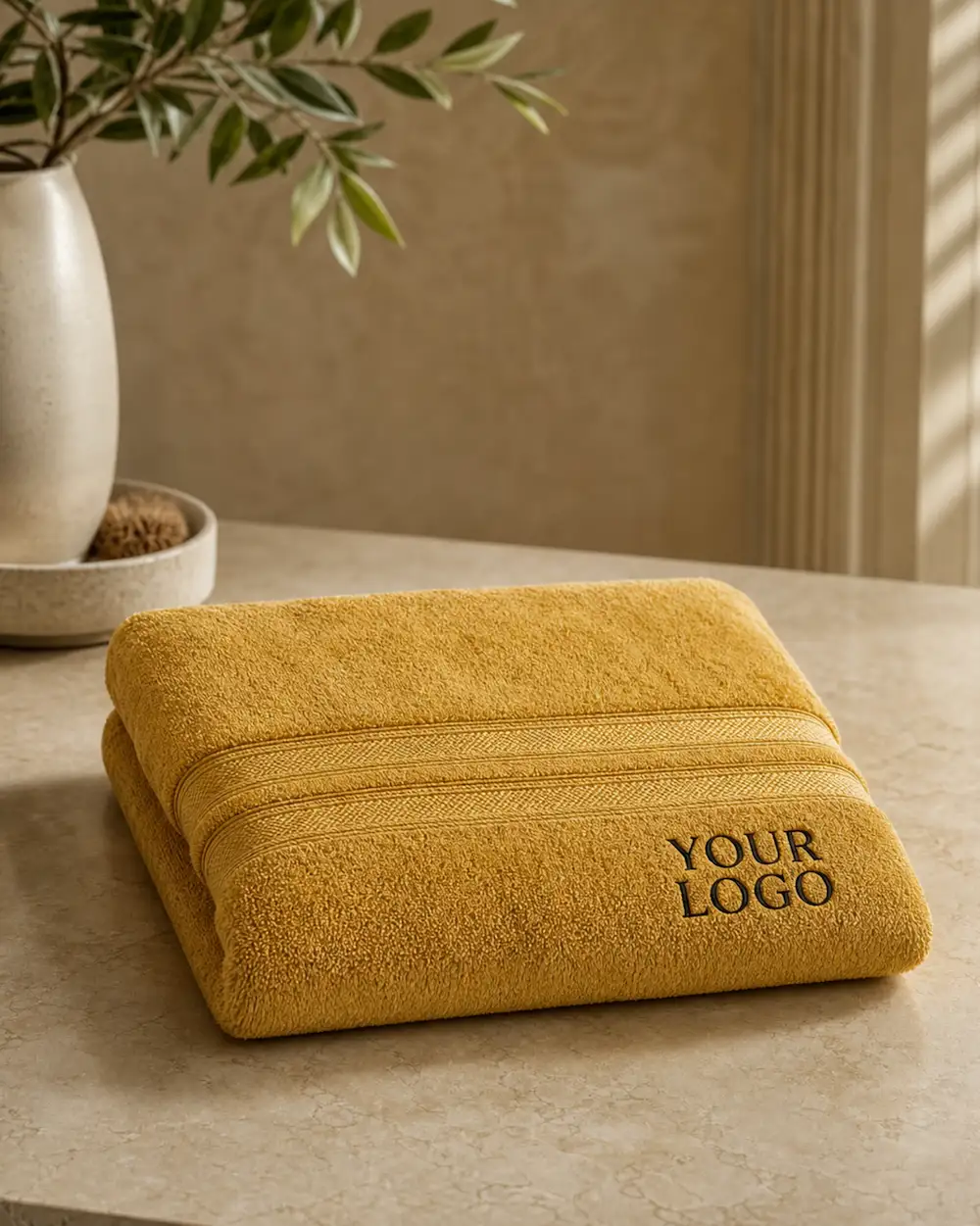 Mustard yellow promotional towel with embroidered logo, ideal for promotional giveaways and corporate events.