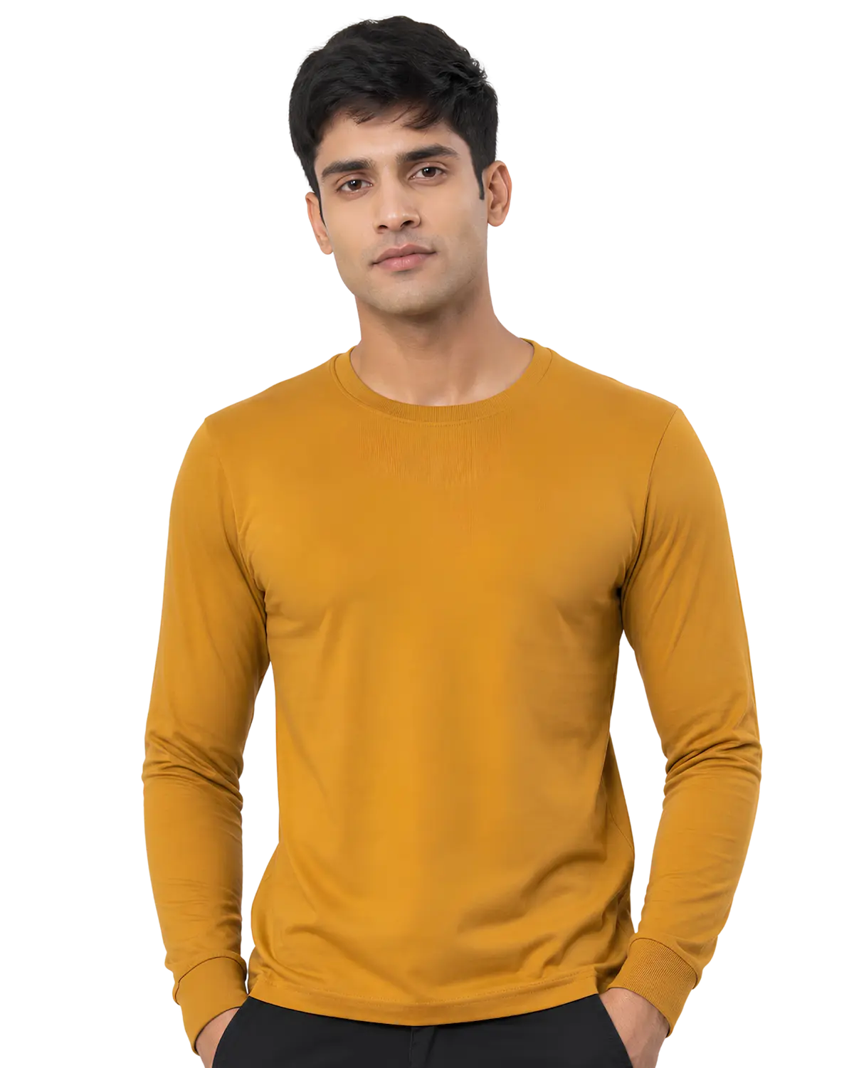 Mustard yellow round neck full sleeve t shirt for men for custom branding