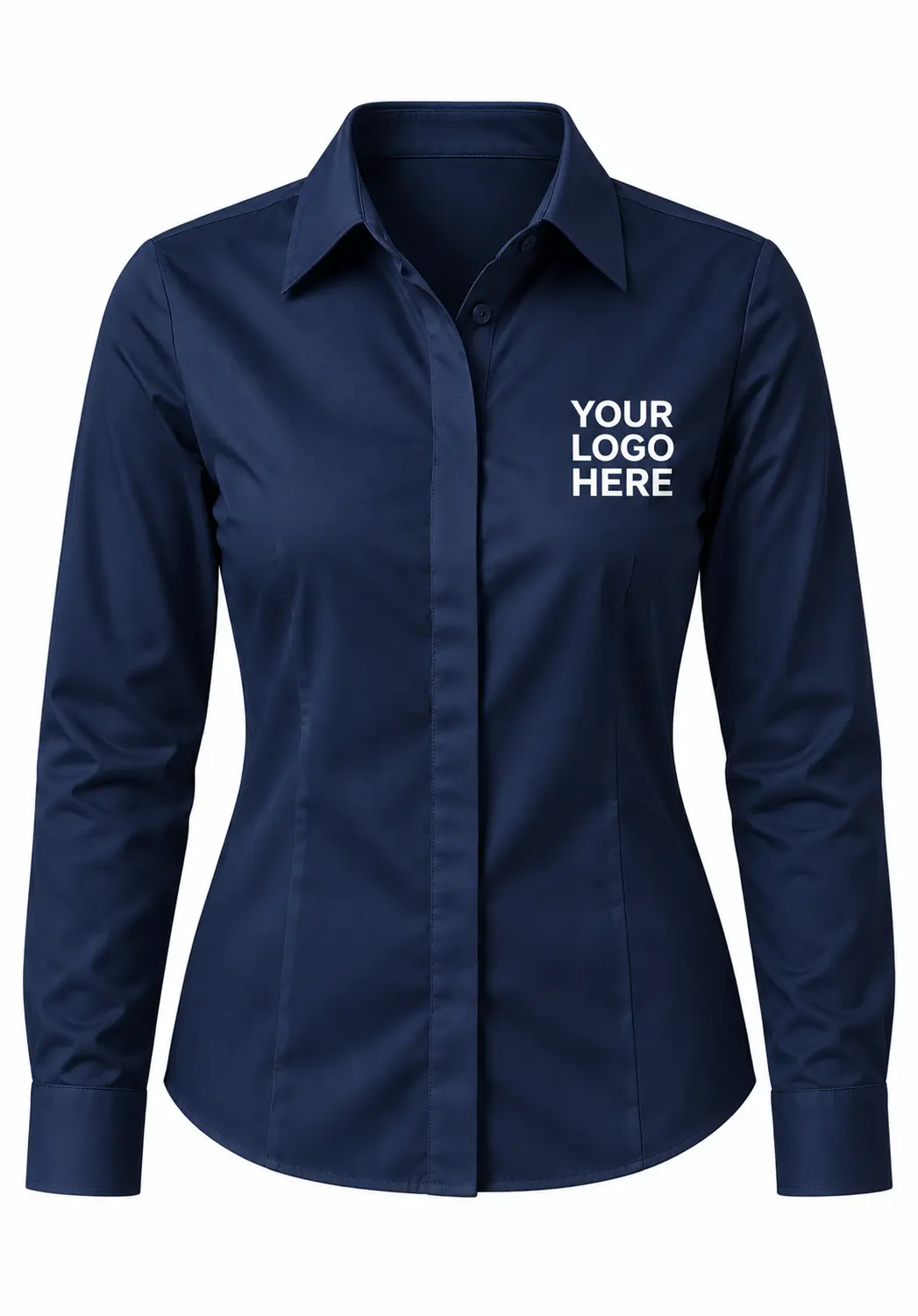 Navy blue women's long sleeve embroidered logo shirt with white chest branding for corporate uniforms and business wear.