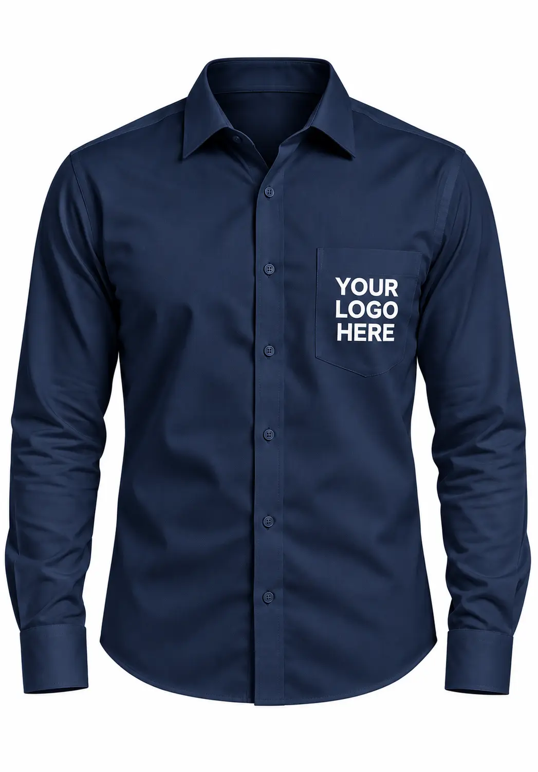 Navy blue formal shirt for men featuring full sleeves and white custom logo embroidery on the chest pocket.