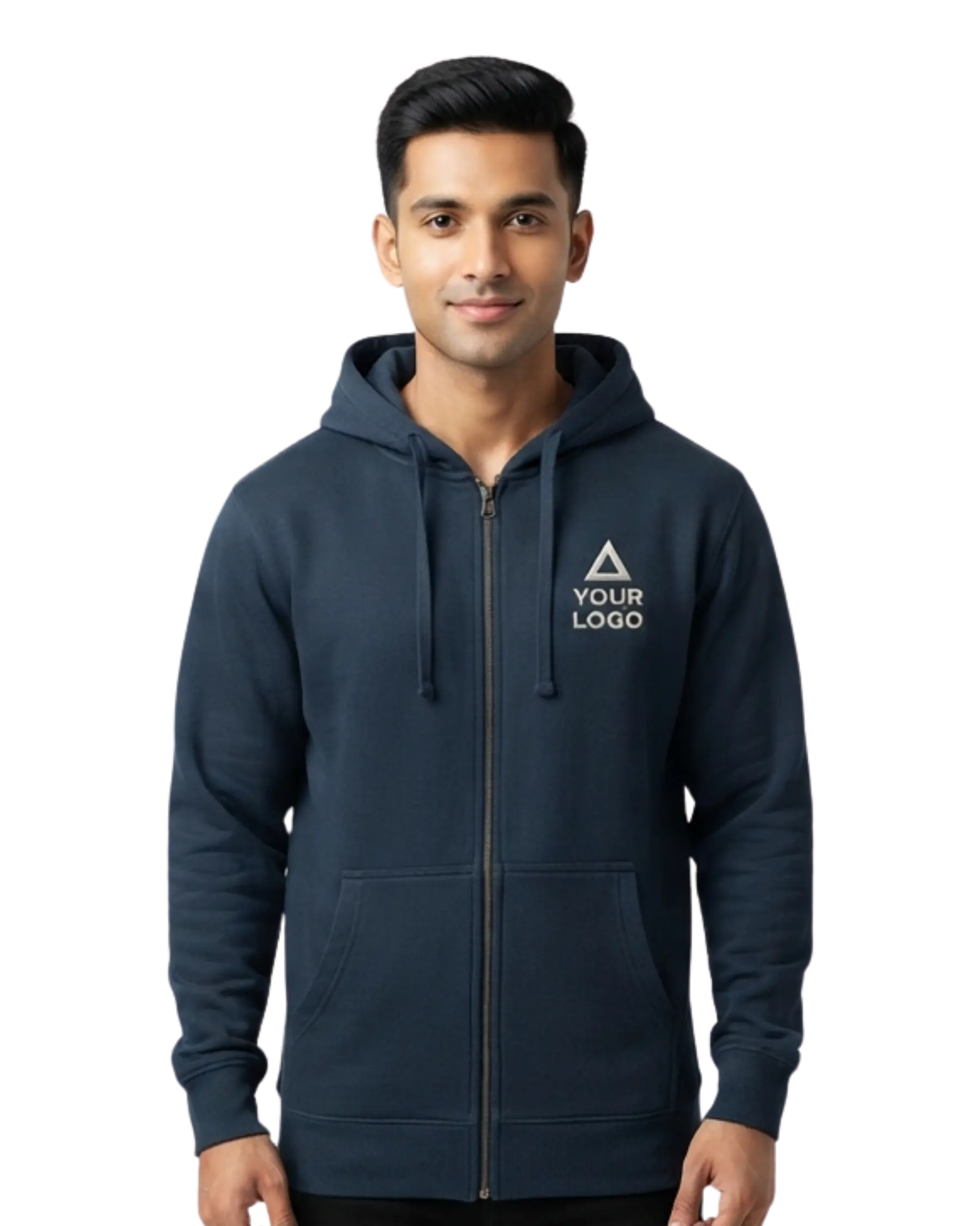 navy blue hoodie with zipper front