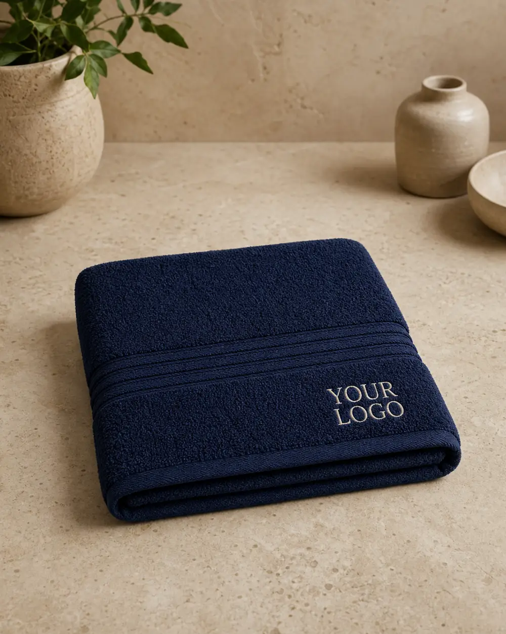 Navy blue promotional towel with embroidered logo, ideal for corporate events, gyms and employee giveaways.