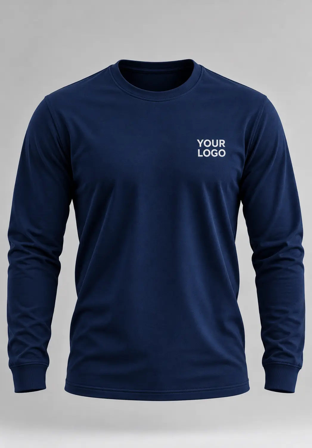 Navy blue round neck full sleeve t shirt for men in bulk for custom branding