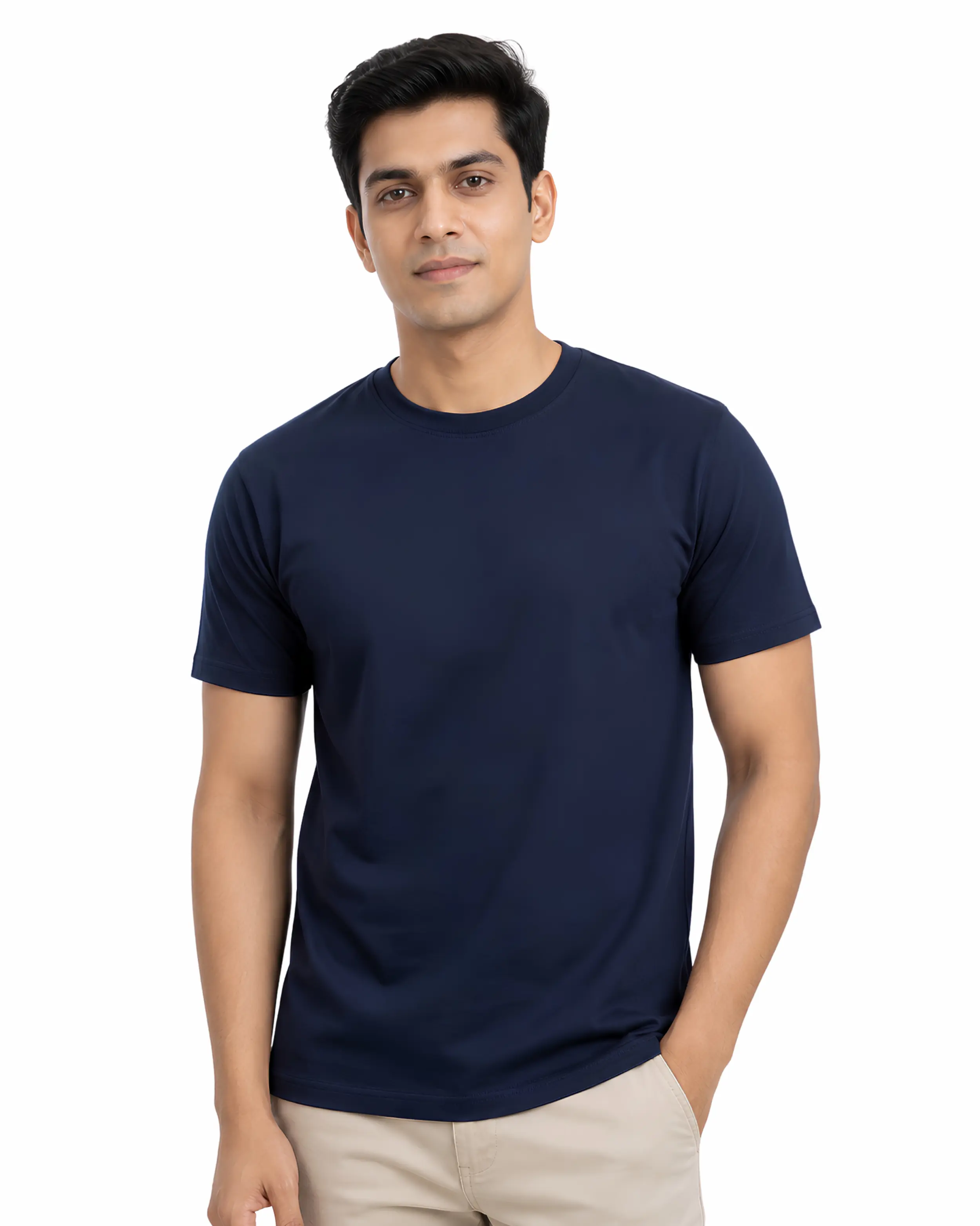 navy blue plain cotton round neck t shirt for men