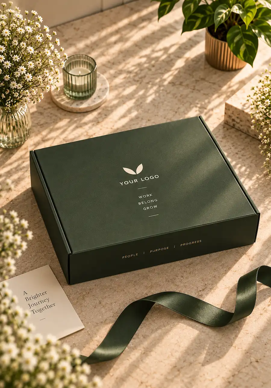 Olive green Employee Welcome Kit box for corporate onboarding and branded employee gifts.
